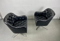 Stunning Black Button Tufted Leather Swivel Chairs, Jens Risom for Marble, Pair