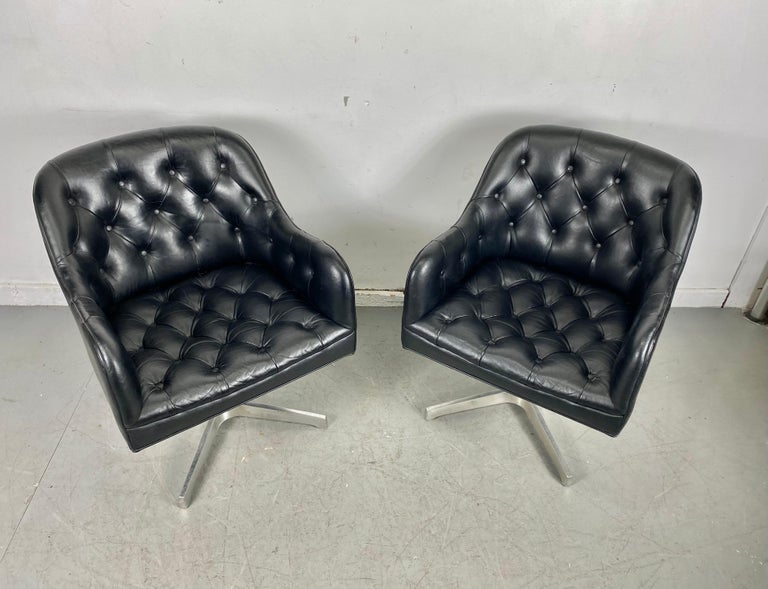 American Stunning Black Button Tufted Leather Swivel Chairs, Jens Risom for Marble, Pair For Sale