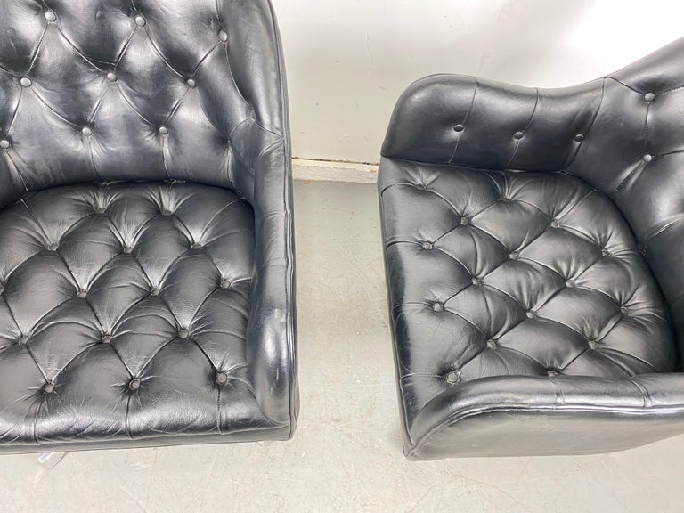 Cast Stunning Black Button Tufted Leather Swivel Chairs, Jens Risom for Marble, Pair For Sale