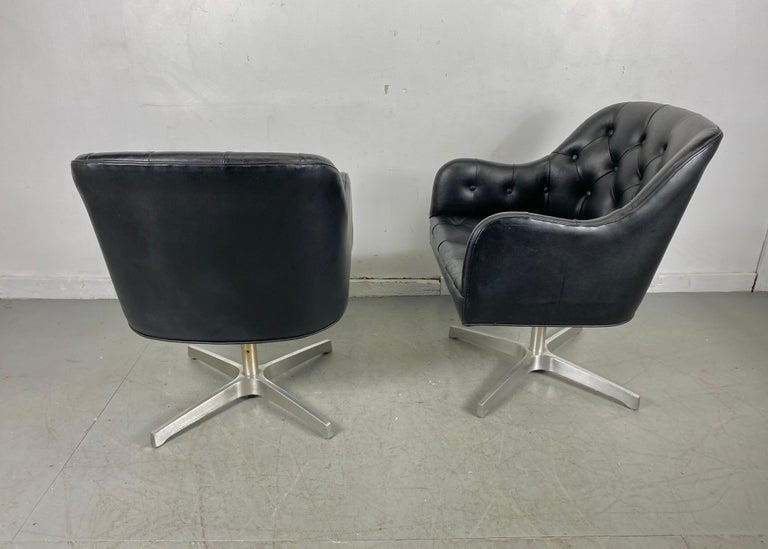 Aluminum Stunning Black Button Tufted Leather Swivel Chairs, Jens Risom for Marble, Pair For Sale