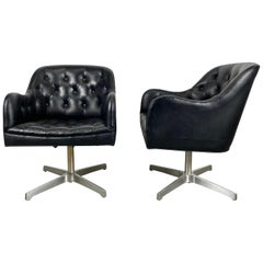 Stunning Black Button Tufted Leather Swivel Chairs, Jens Risom for Marble, Pair