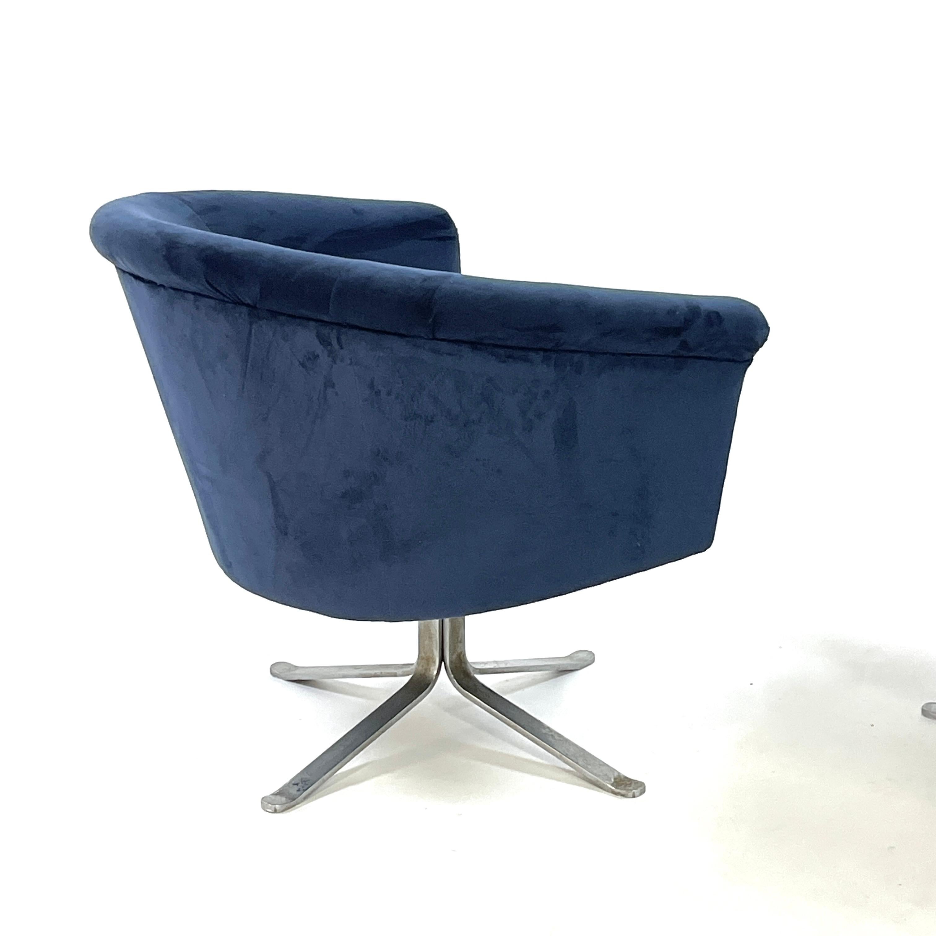 Stunning Pair Blue Velvet Flat Bar Nicos Zorophos Swivel Chairs w.Steel X-Base For Sale 8