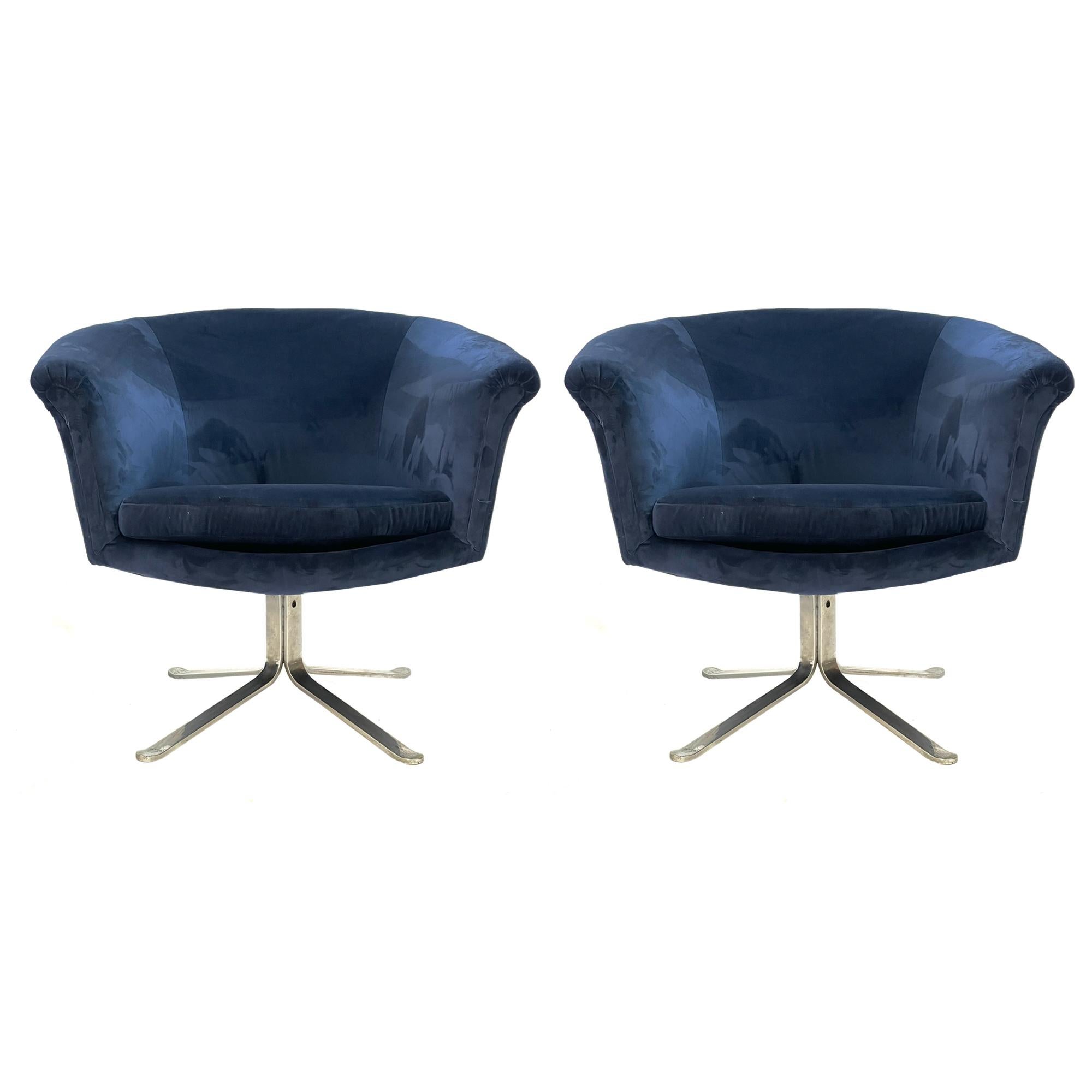 Stunning pair of deep blue velvet armchairs.  The steel x base frames are absolutely stunning. Solid, lovely chairs in good condition. Ready for use.