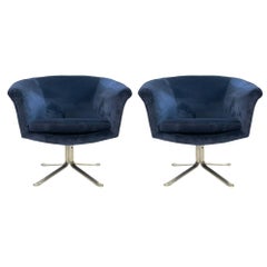 Stunning Pair Blue Velvet Flat Bar Nicos Zorophos Swivel Chairs w.Steel X-Base