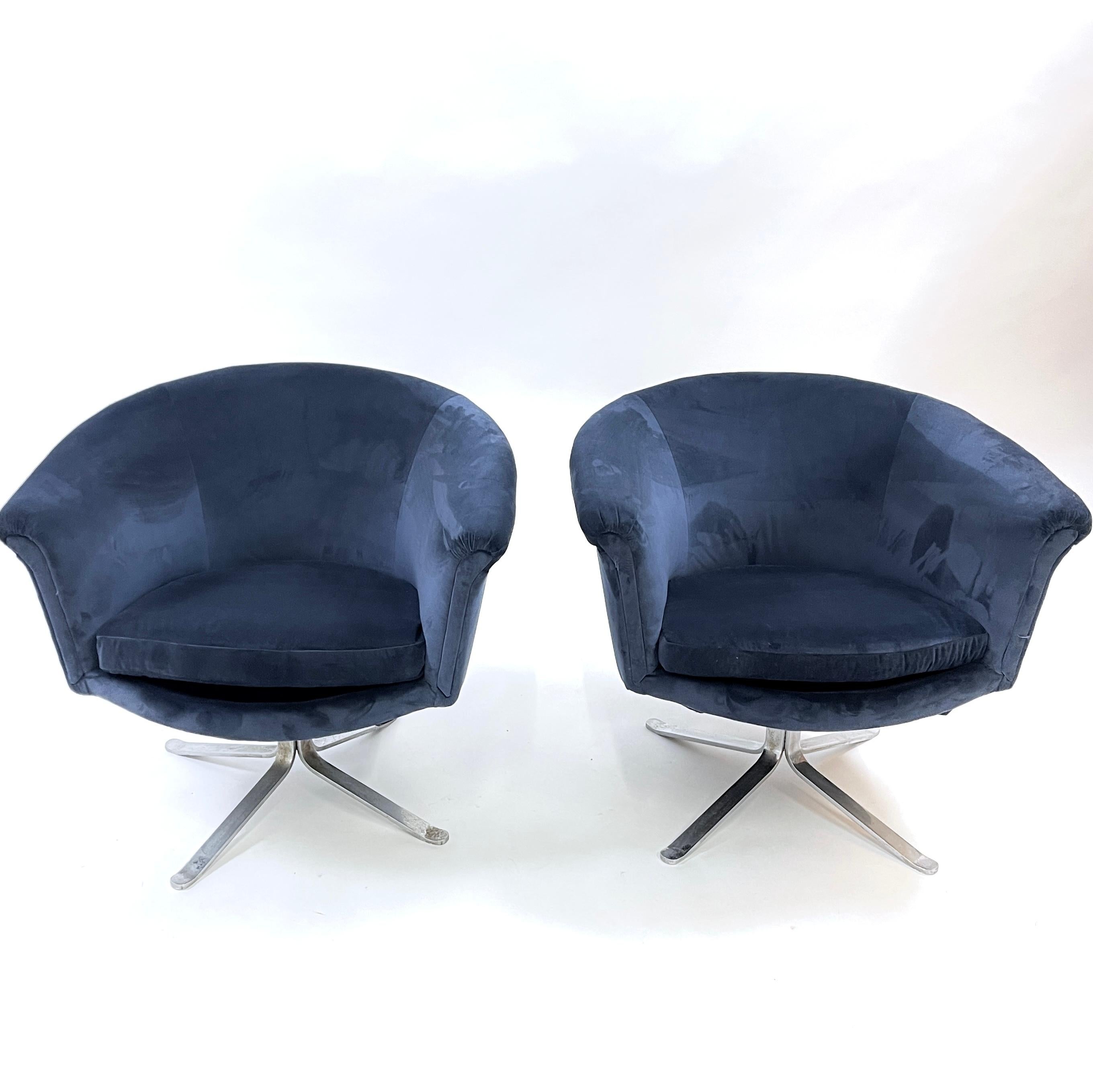 American Stunning Pair Blue Velvet Flat Bar Nicos Zorophos Swivel Chairs w.Steel X-Base For Sale