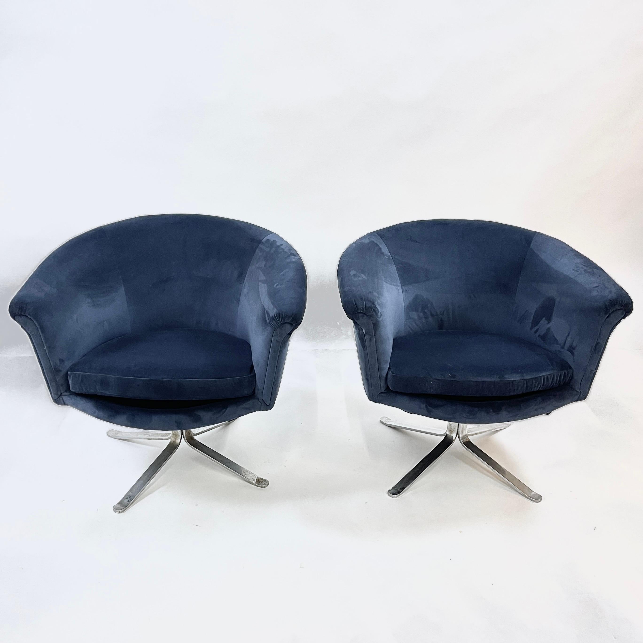 Stunning Pair Blue Velvet Flat Bar Nicos Zorophos Swivel Chairs w.Steel X-Base In Good Condition For Sale In Hudson, NY