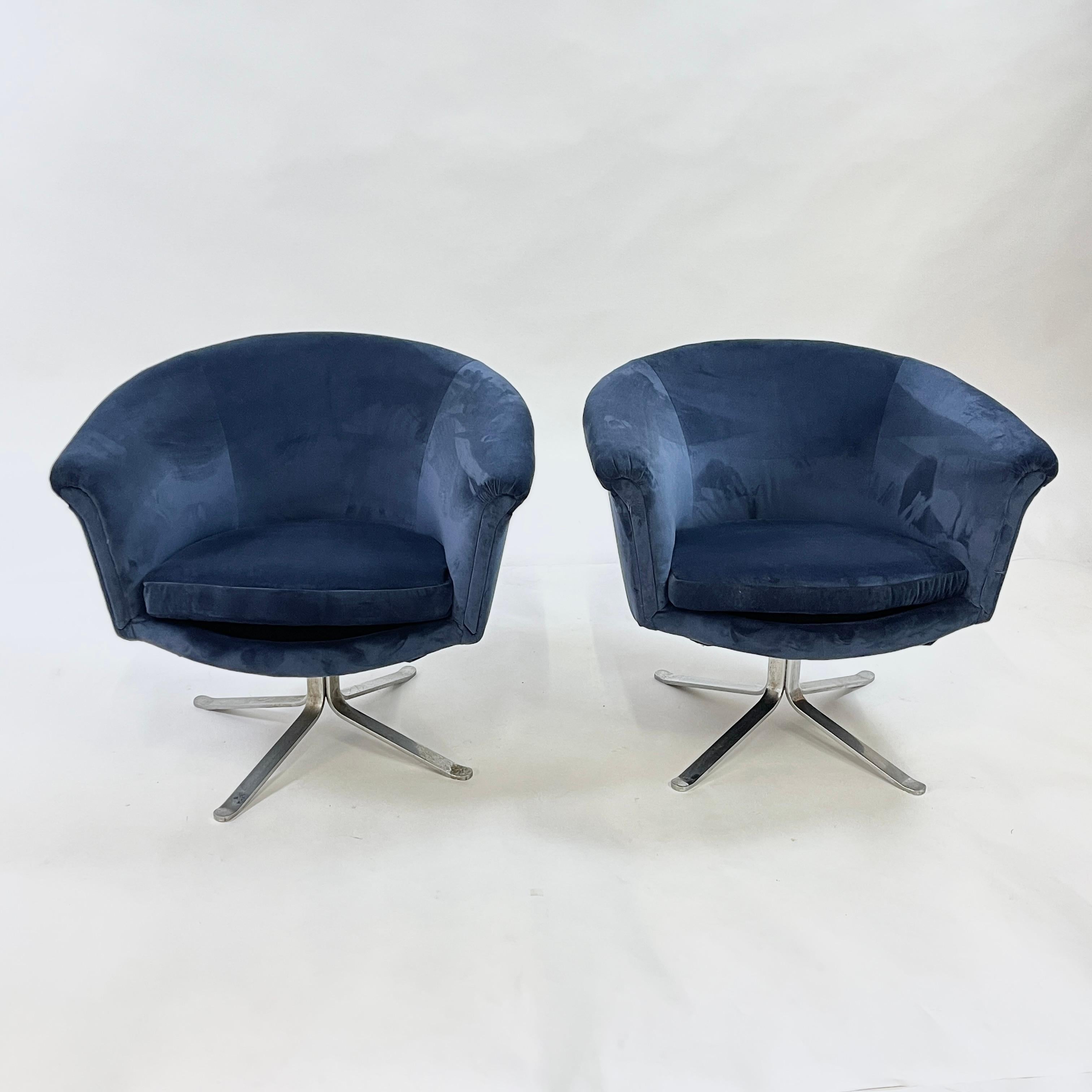20th Century Stunning Pair Blue Velvet Flat Bar Nicos Zorophos Swivel Chairs w.Steel X-Base For Sale