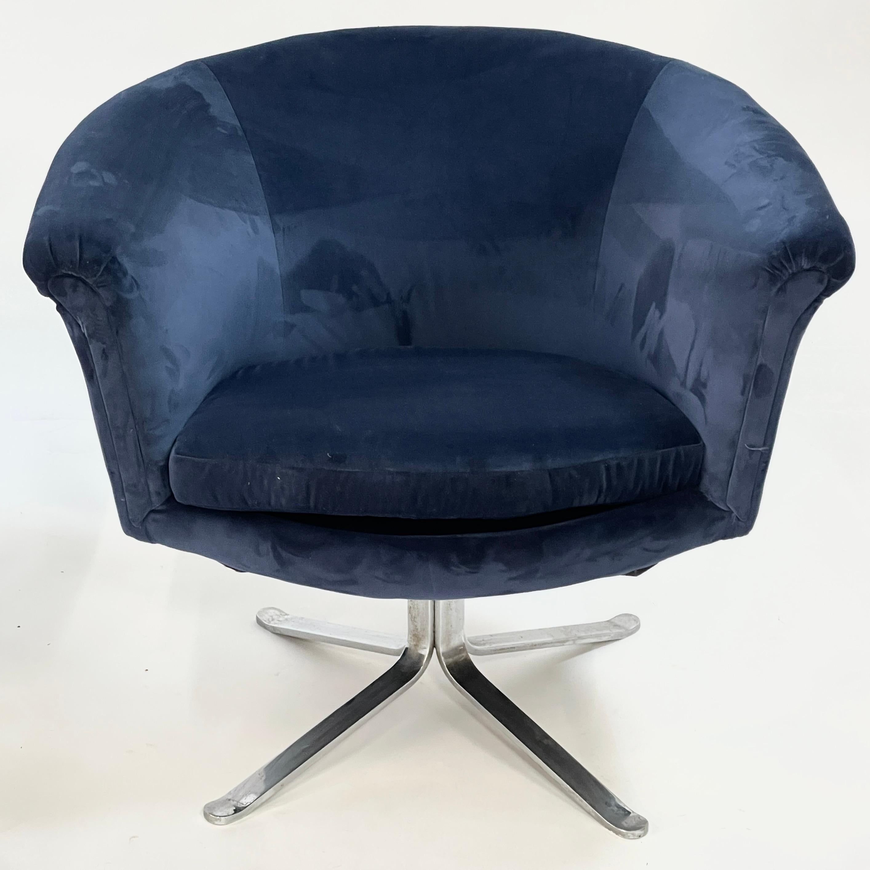 Stunning Pair Blue Velvet Flat Bar Nicos Zorophos Swivel Chairs w.Steel X-Base For Sale 1