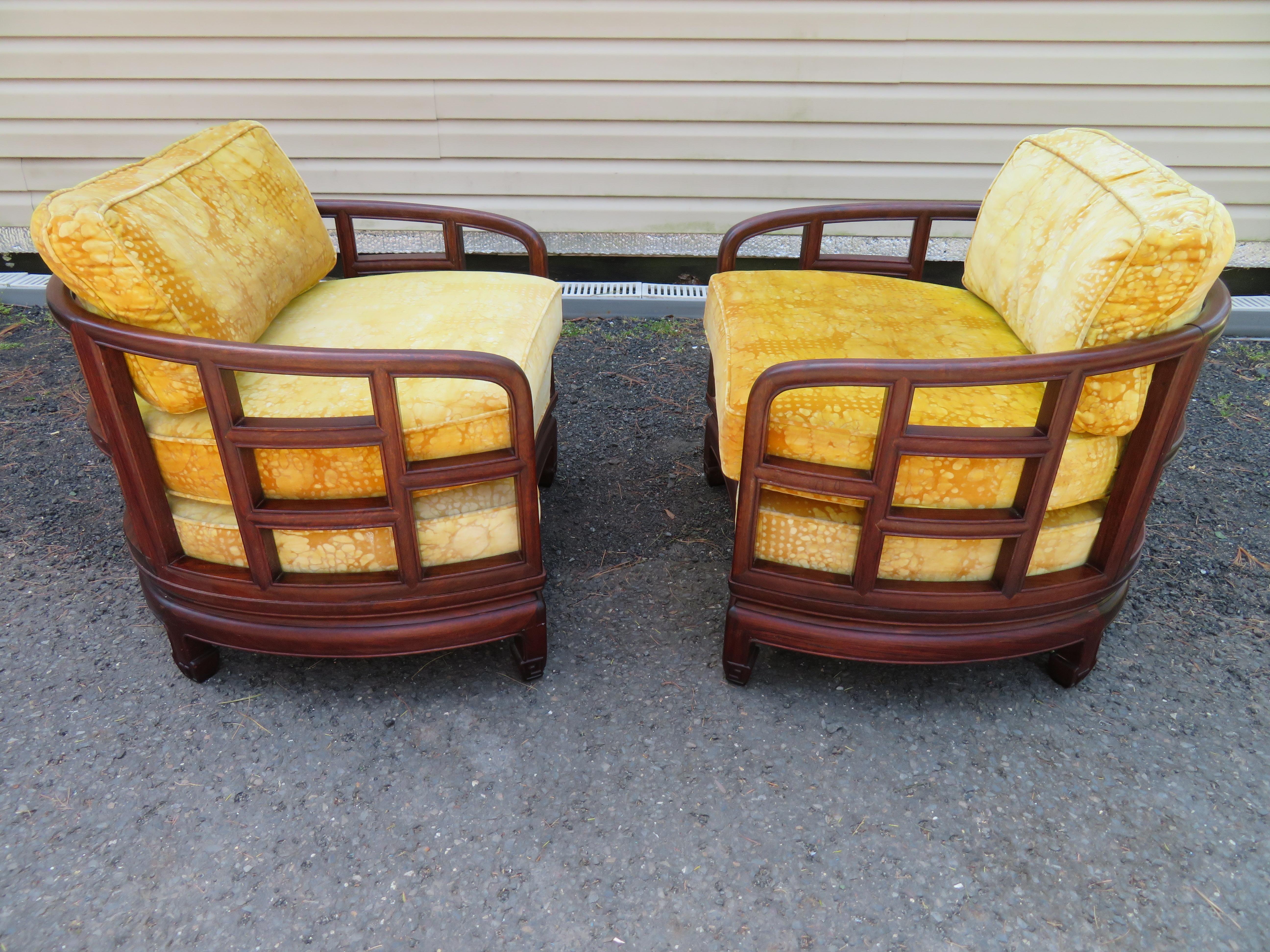 Stunning Pair Chinoiserie Barrel Back Rosewood Chairs Jack Lenor Larsen For Sale 12