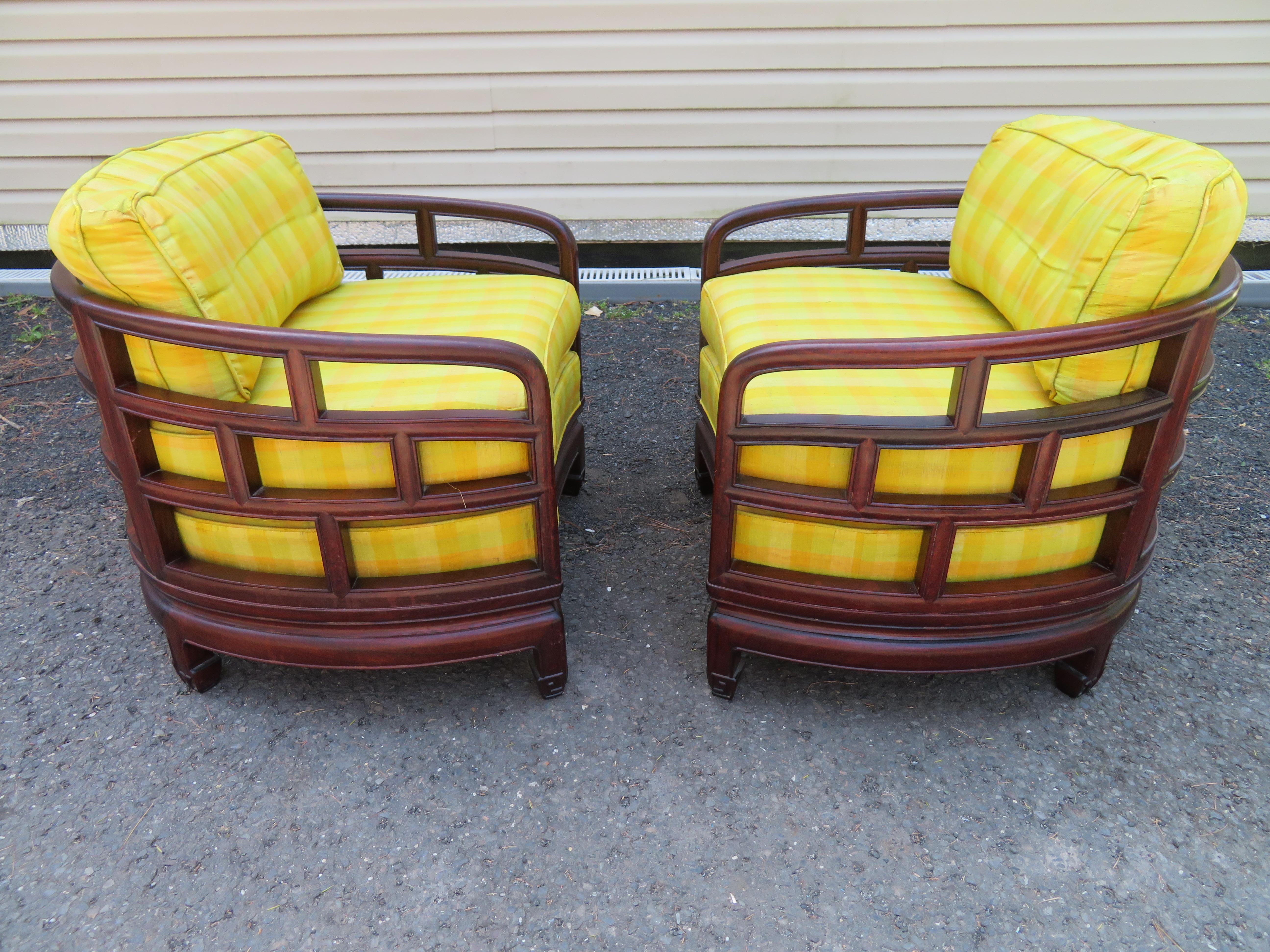 Paire d'étonnantes chaises Chinoiserie à dossier tonneau en bois de rose Jack Lenor Larsen en vente 13