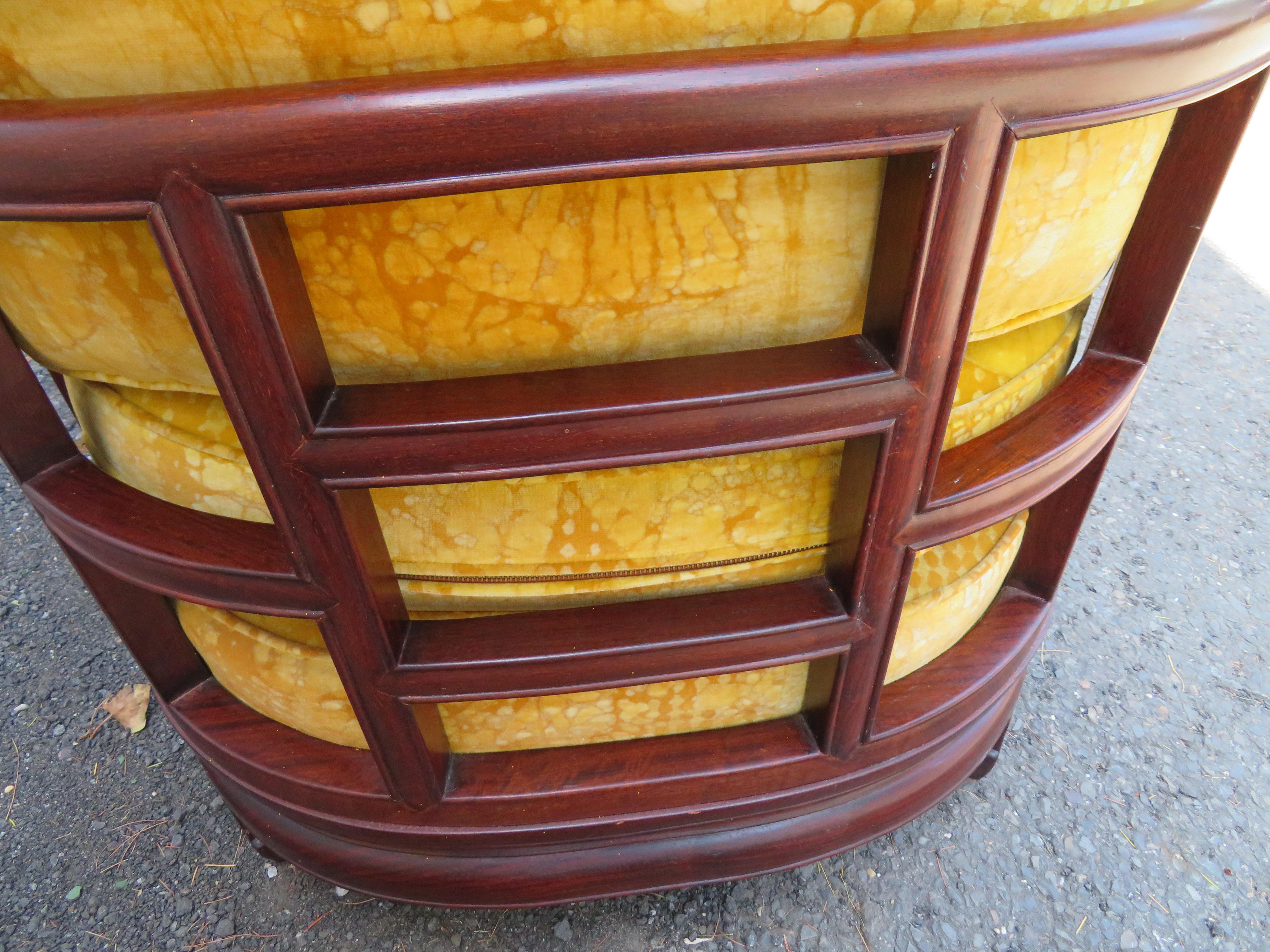 Upholstery Stunning Pair Chinoiserie Barrel Back Rosewood Chairs Jack Lenor Larsen For Sale