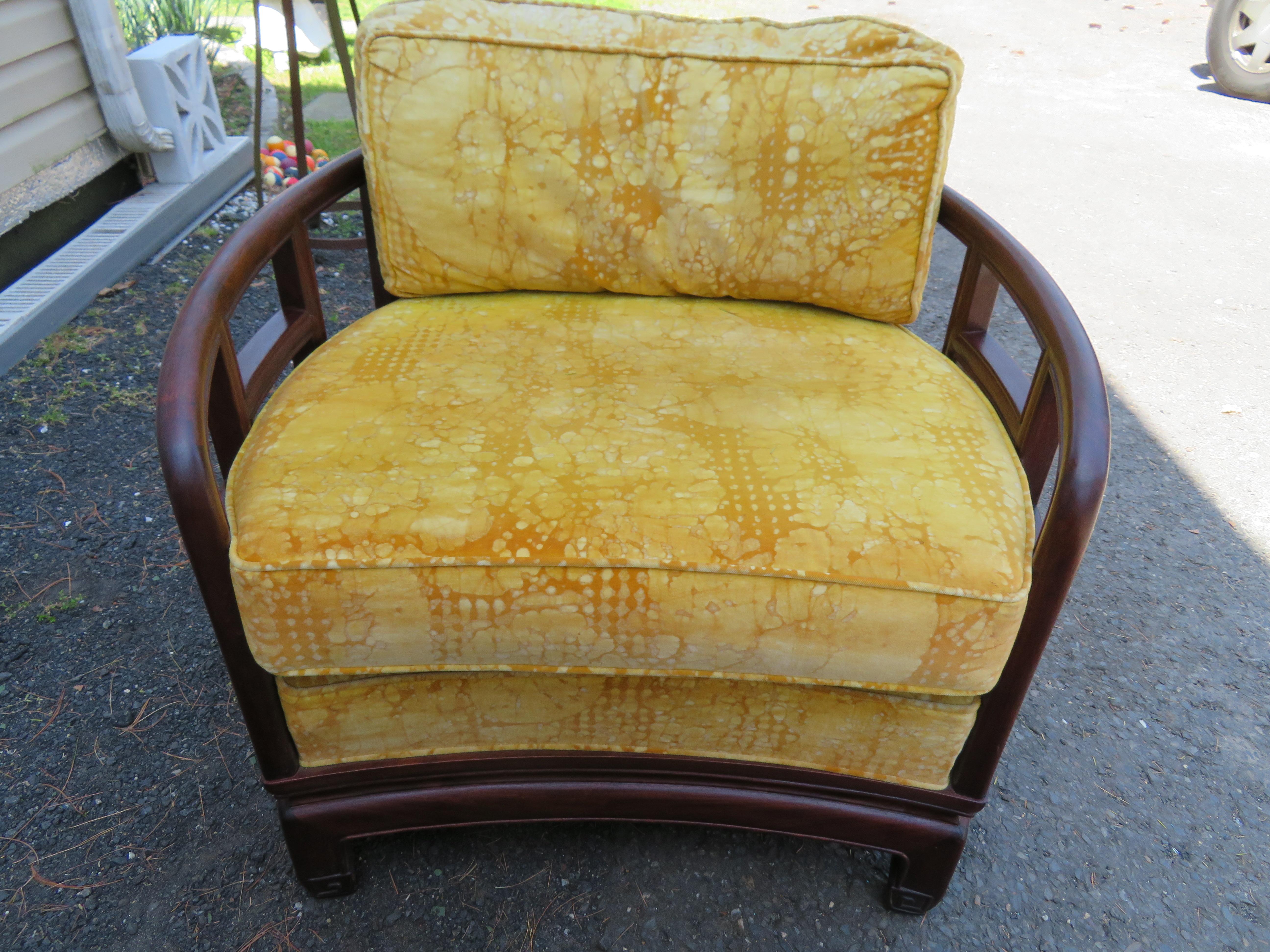 Stunning Pair Chinoiserie Barrel Back Rosewood Chairs Jack Lenor Larsen For Sale 1