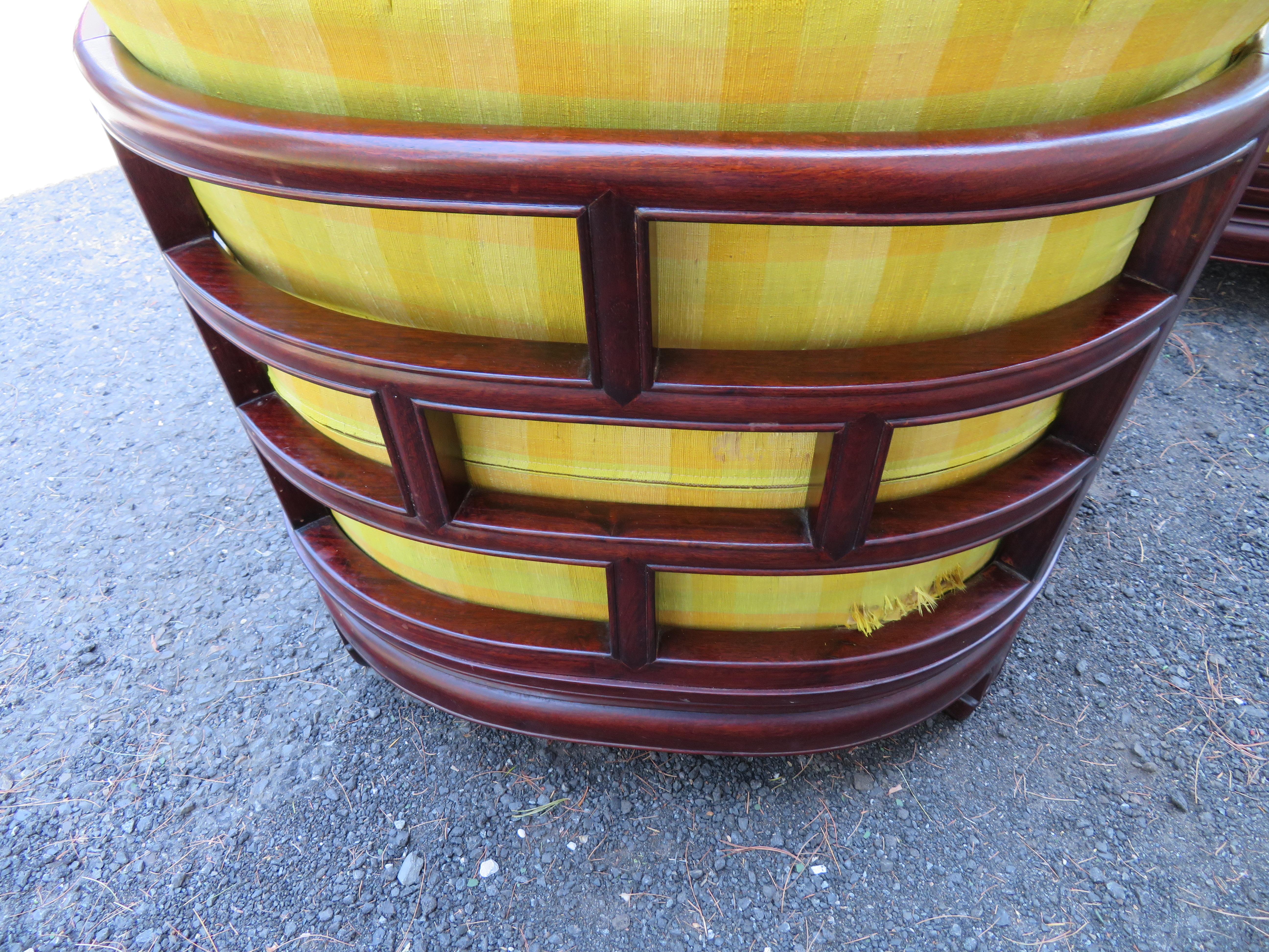 Stunning Pair Chinoiserie Barrel Back Rosewood Lounge Chairs Mid-Century For Sale 5
