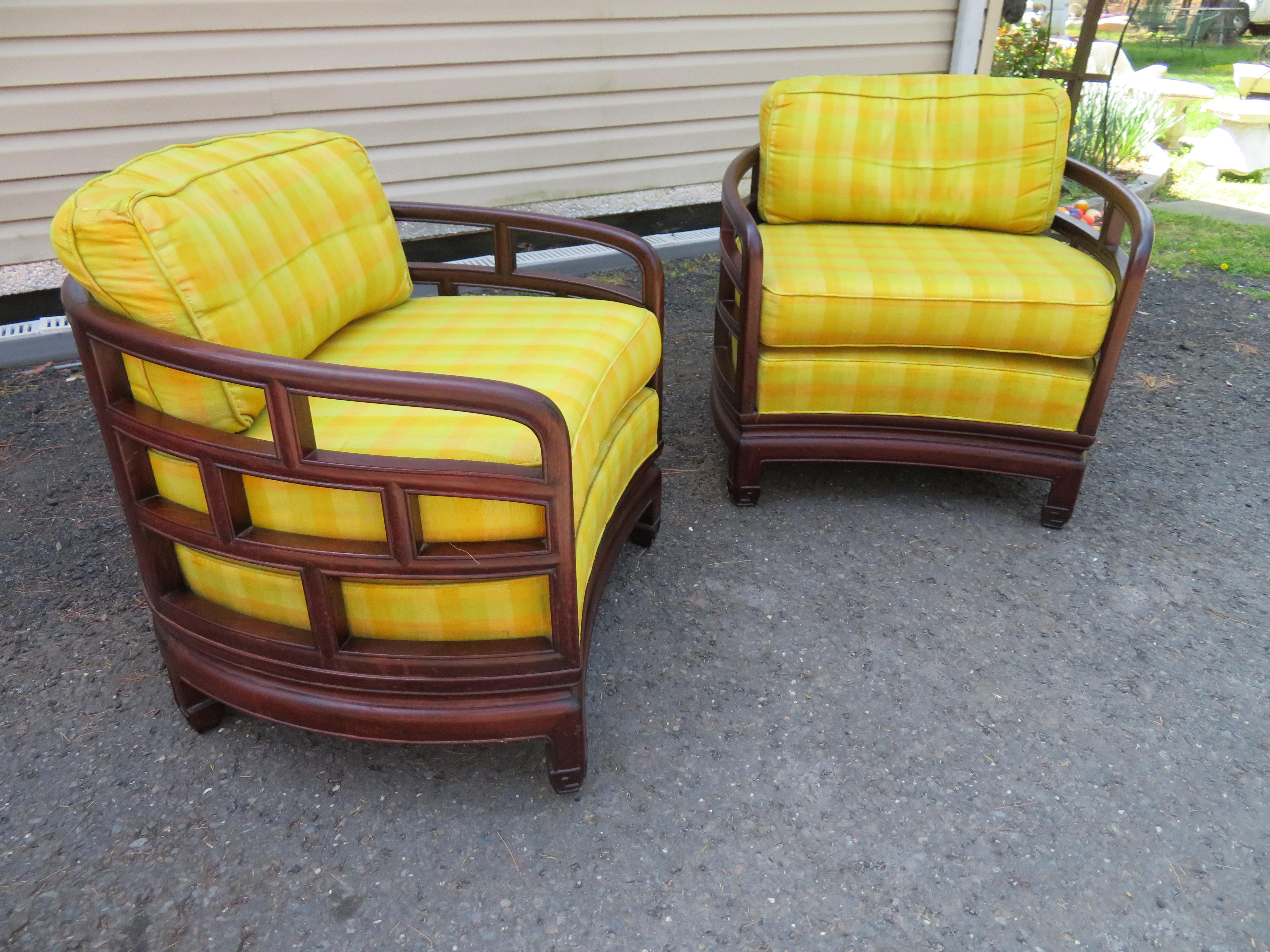 Stunning Pair Chinoiserie Barrel Back Rosewood Lounge Chairs Mid-Century For Sale 6