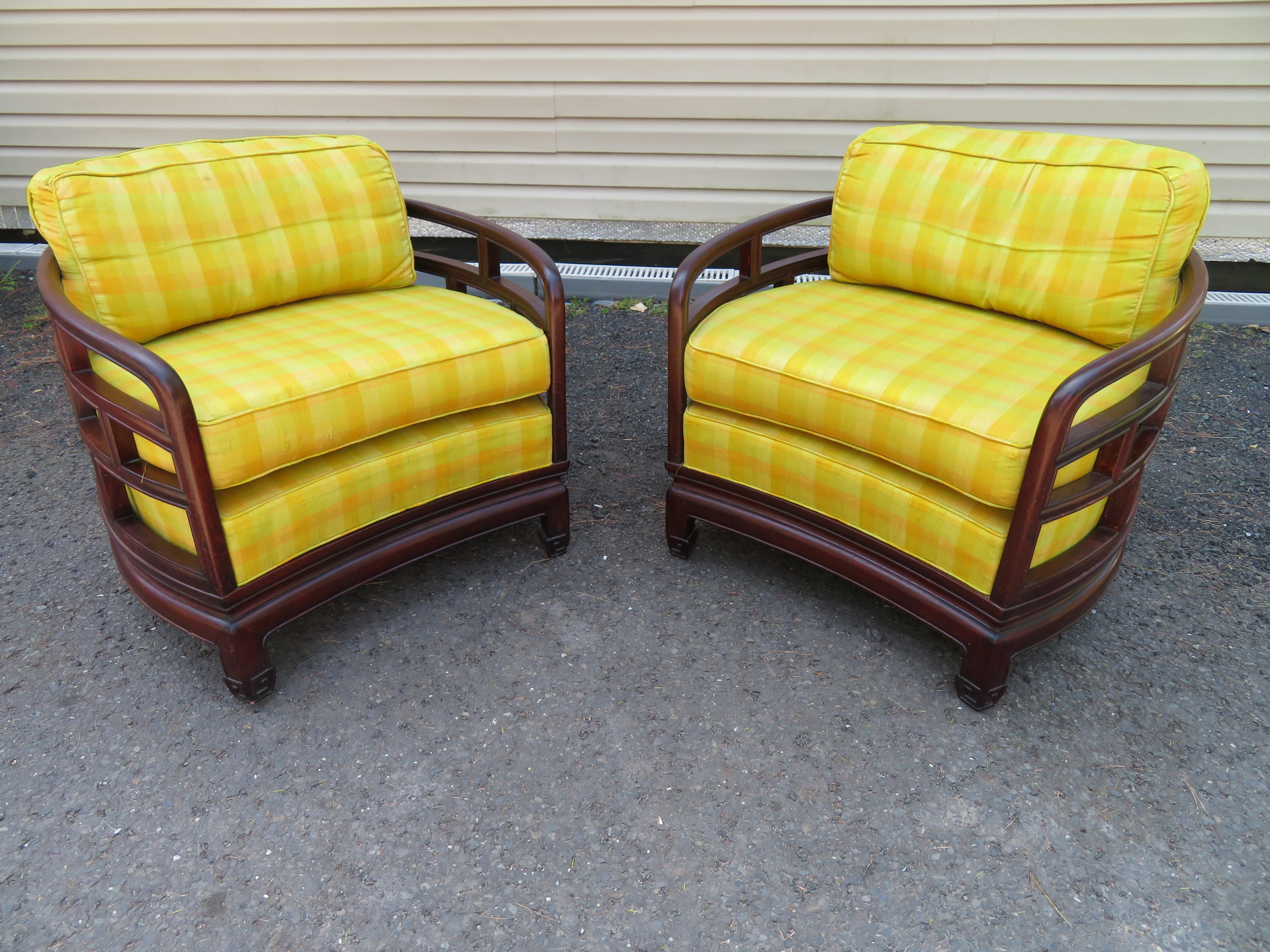 Late 20th Century Stunning Pair Chinoiserie Barrel Back Rosewood Lounge Chairs Mid-Century For Sale