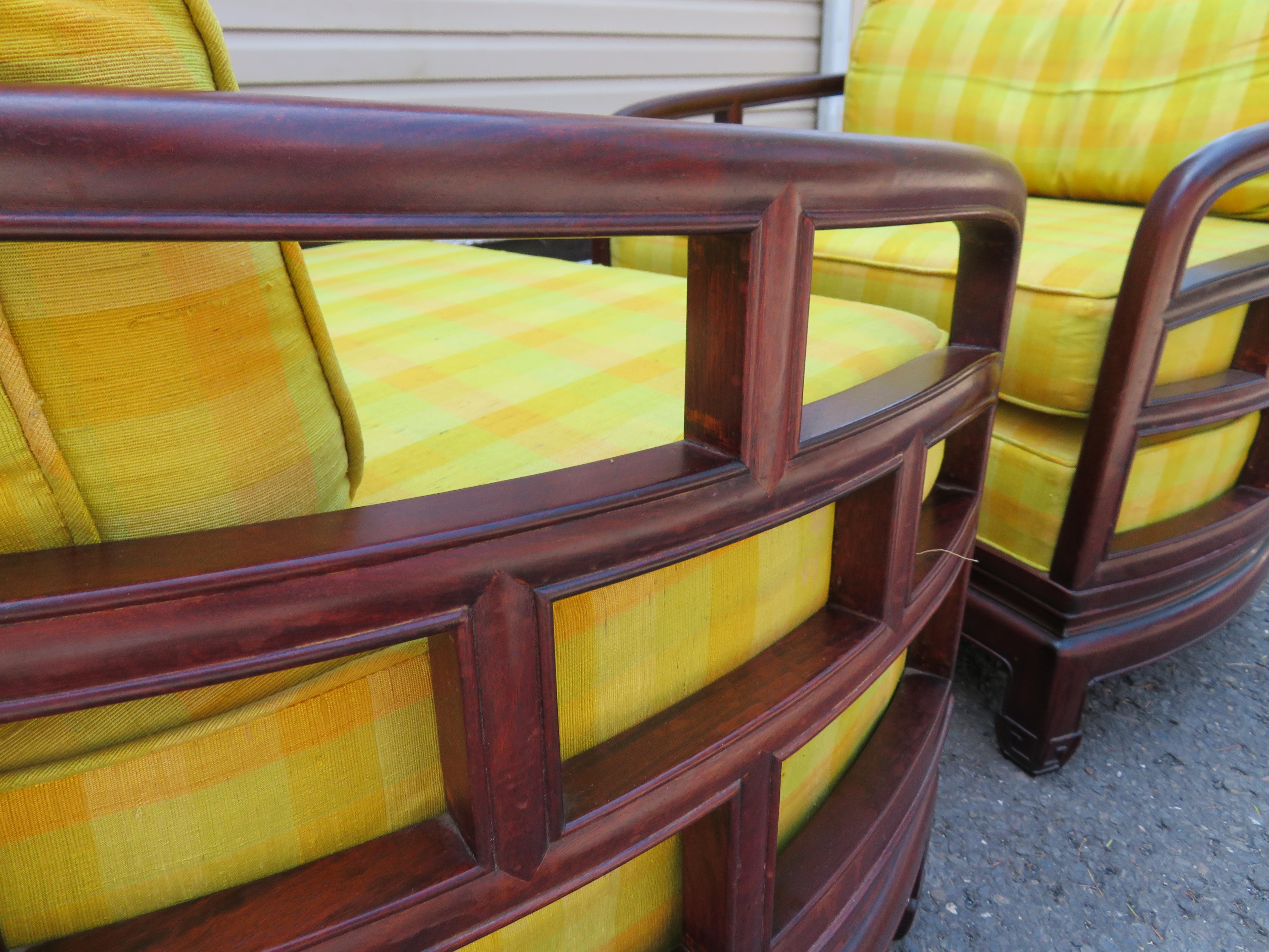 Upholstery Stunning Pair Chinoiserie Barrel Back Rosewood Lounge Chairs Mid-Century For Sale