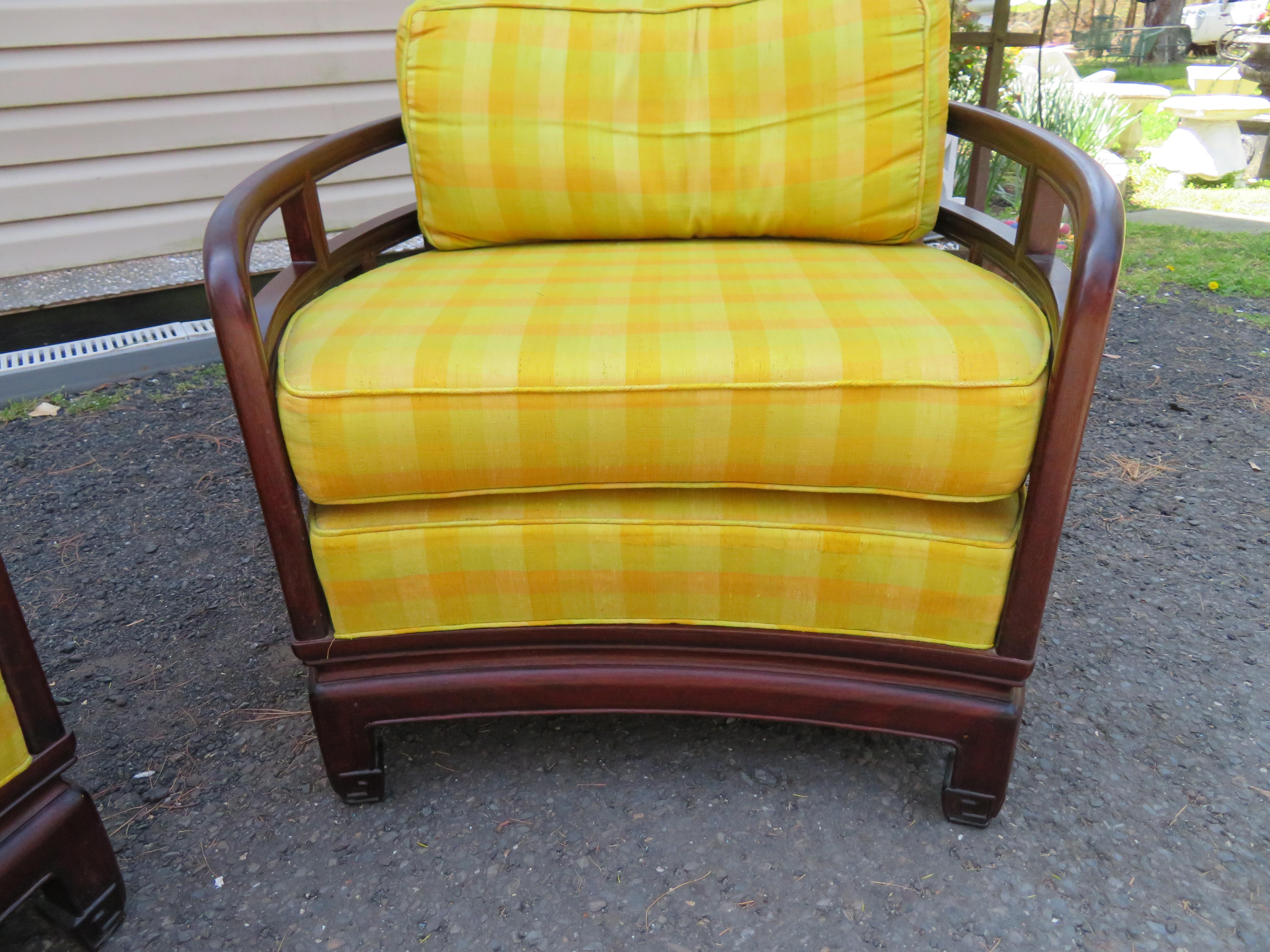 Stunning Pair Chinoiserie Barrel Back Rosewood Lounge Chairs Mid-Century For Sale 2