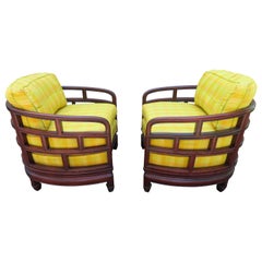 Stunning Pair Chinoiserie Barrel Back Rosewood Lounge Chairs Mid-Century