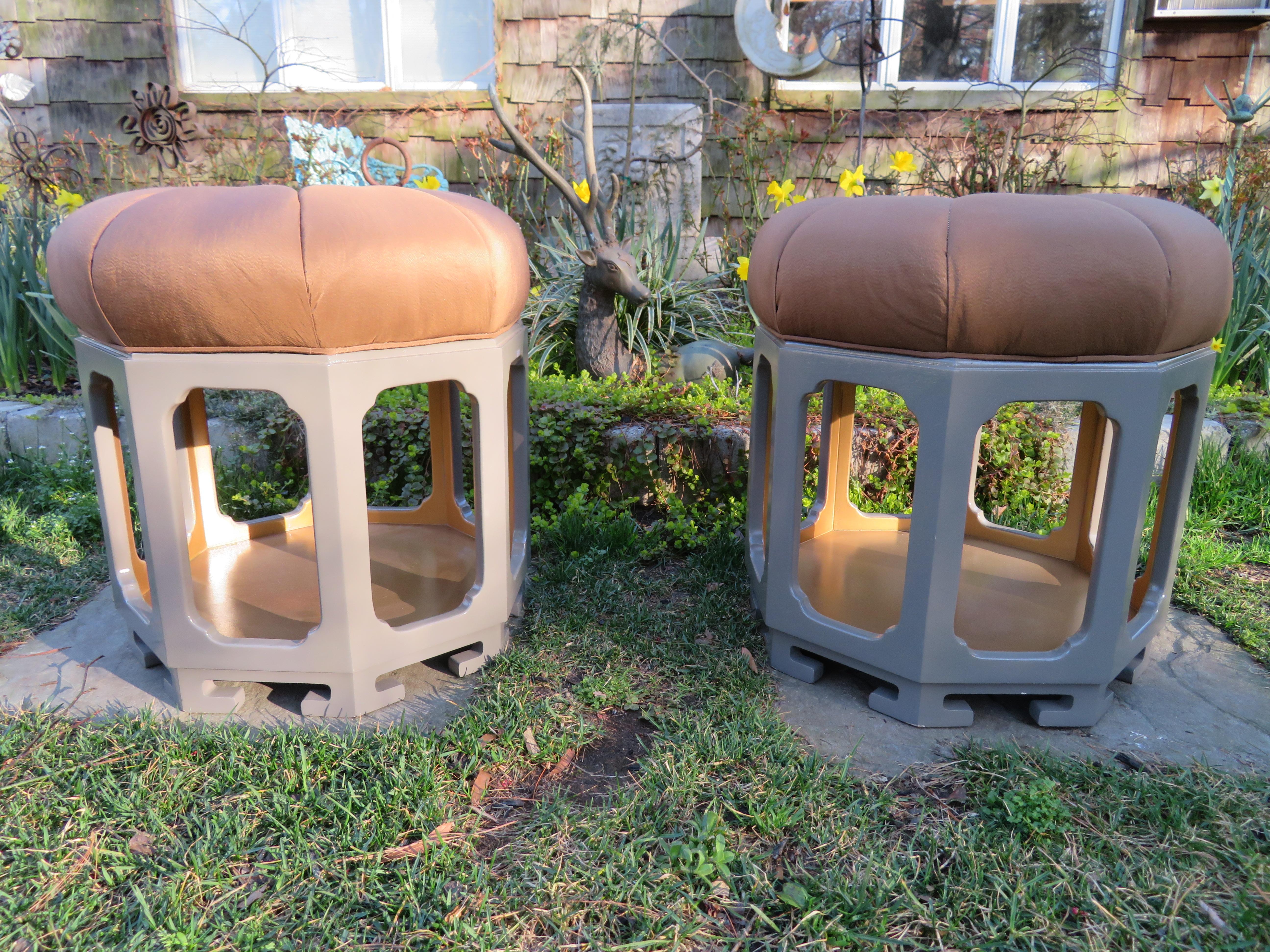 Stunning pair of chinoiserie style octagon shaped stools with fabulous one button tufted upholstery. These were totally restored to like new condition about 10 years ago by a high end designer and they still look amazing. We love the bronze colored