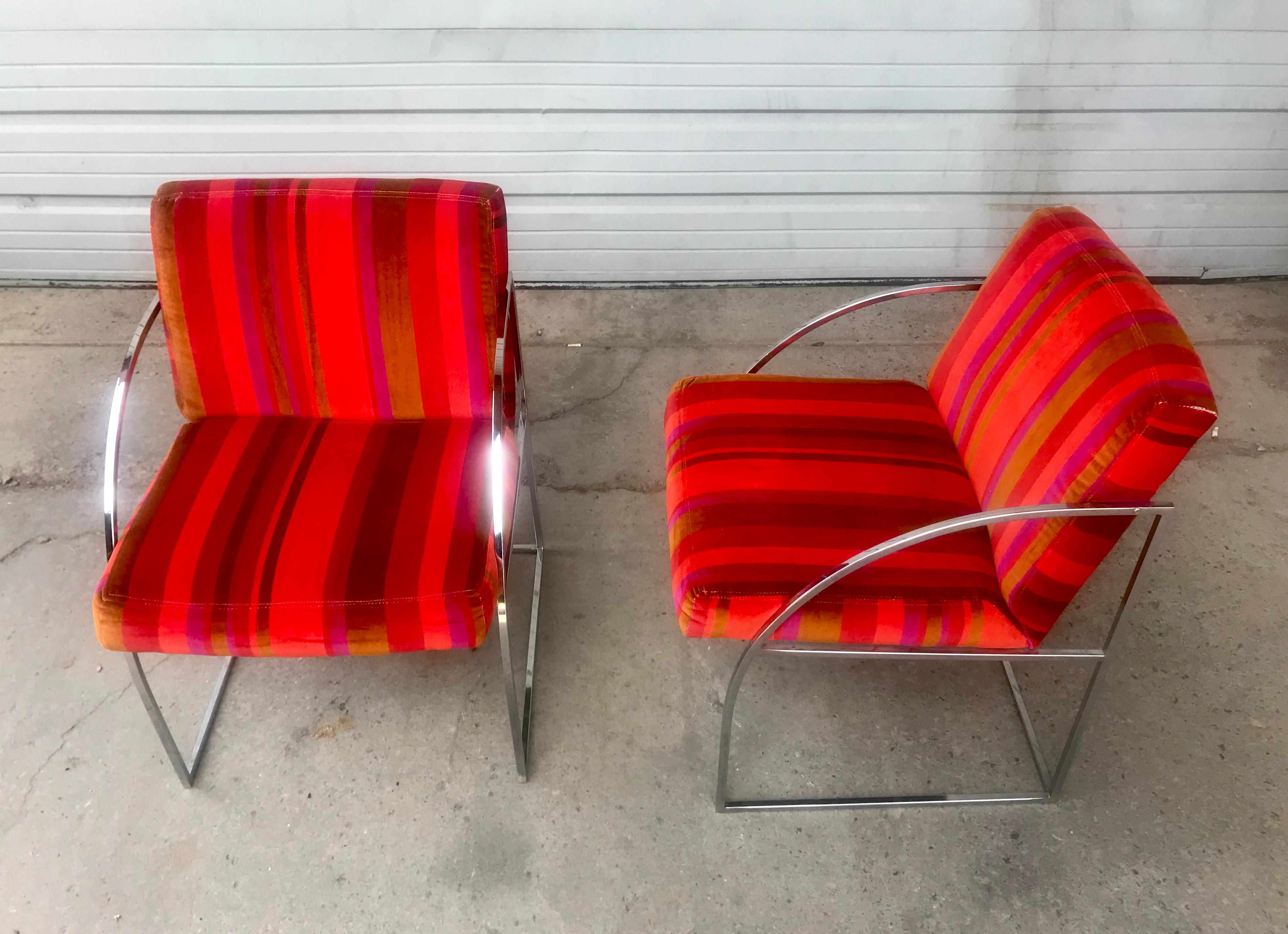 Stunning pair of chrome and fabric Milo Baughman lounge chairs, original Alexander Girard upholstery, Classic styling, extremely comfortable, retain original Thayer Coggin labels.
