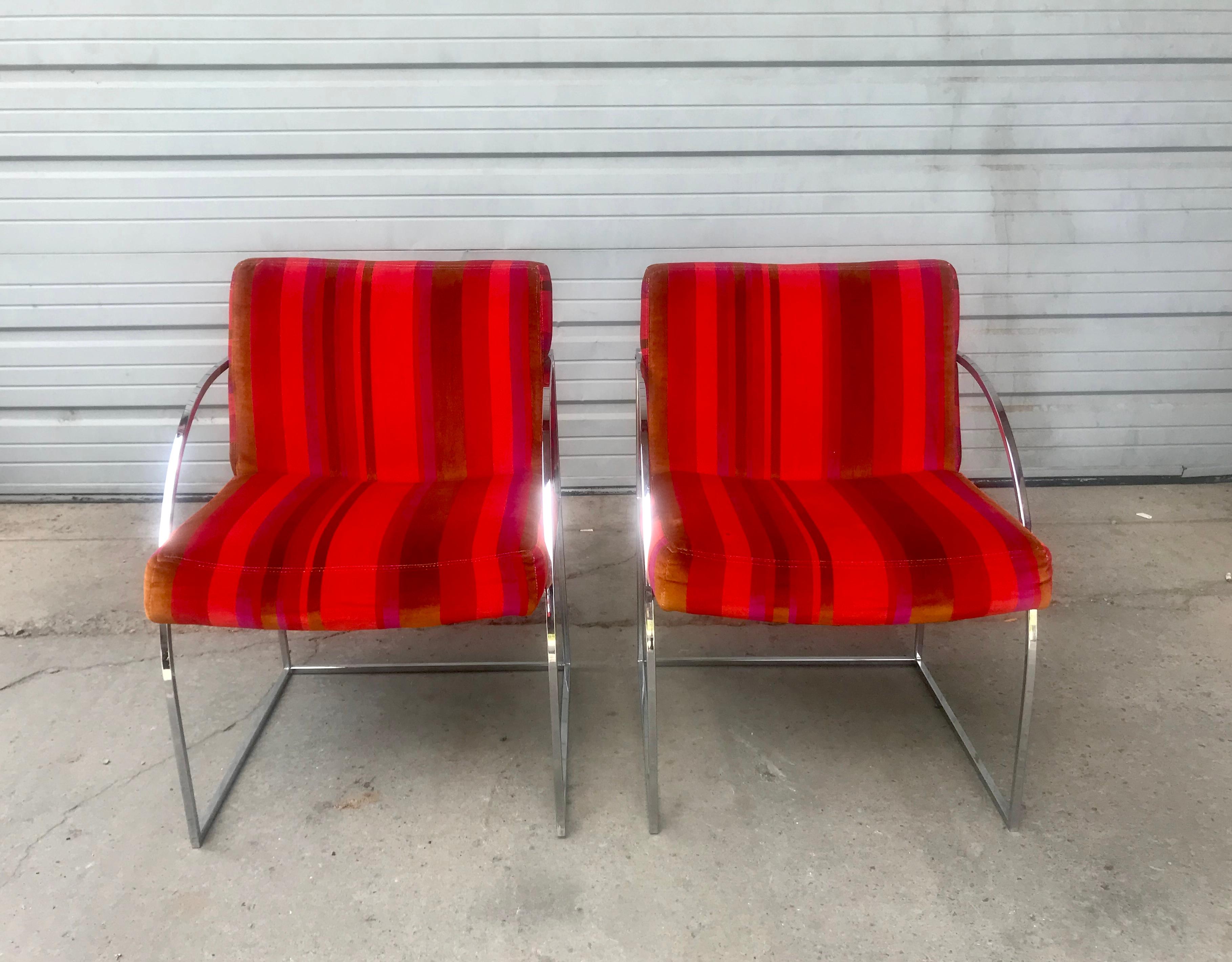 Mid-Century Modern Stunning Pair of Chrome Milo Baughman Lounge Chairs, Alexander Girard Fabric
