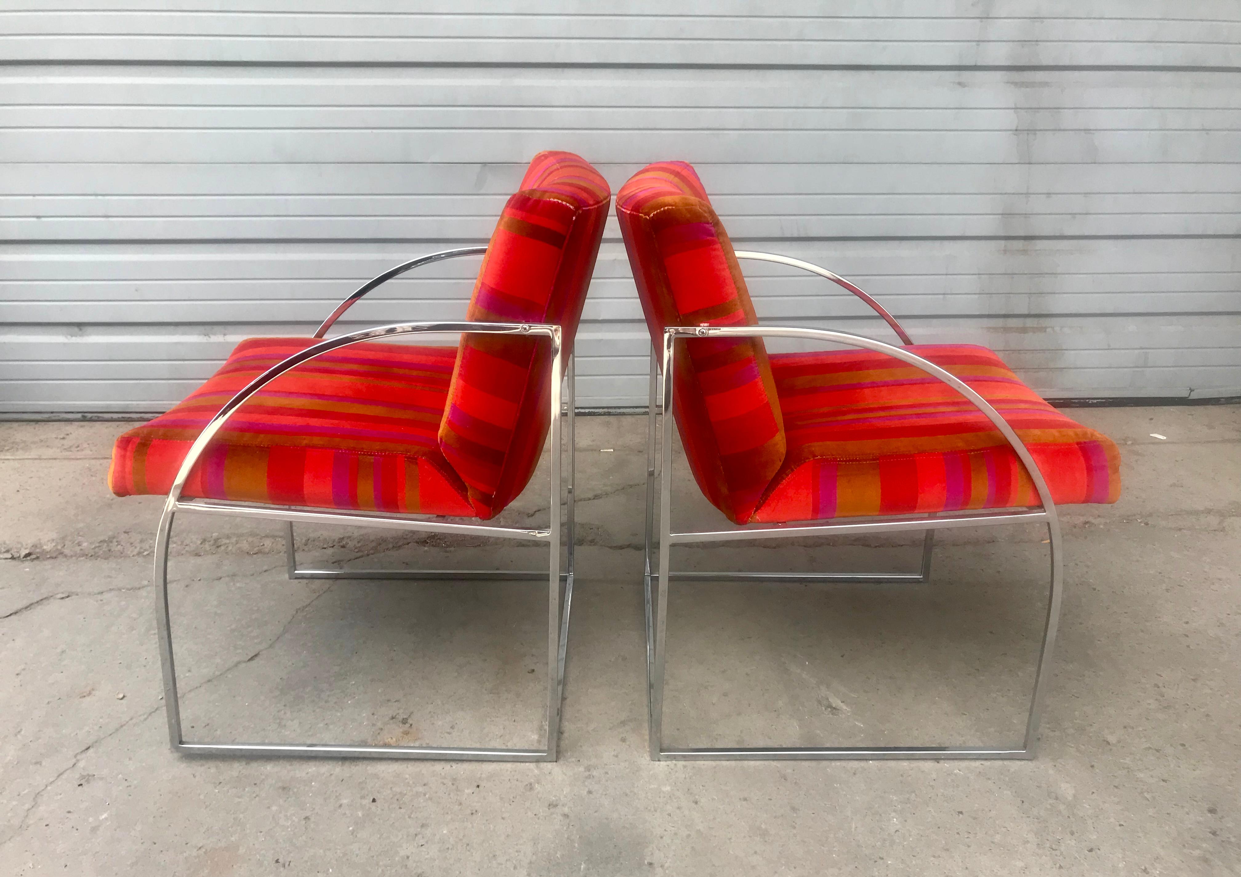American Stunning Pair of Chrome Milo Baughman Lounge Chairs, Alexander Girard Fabric