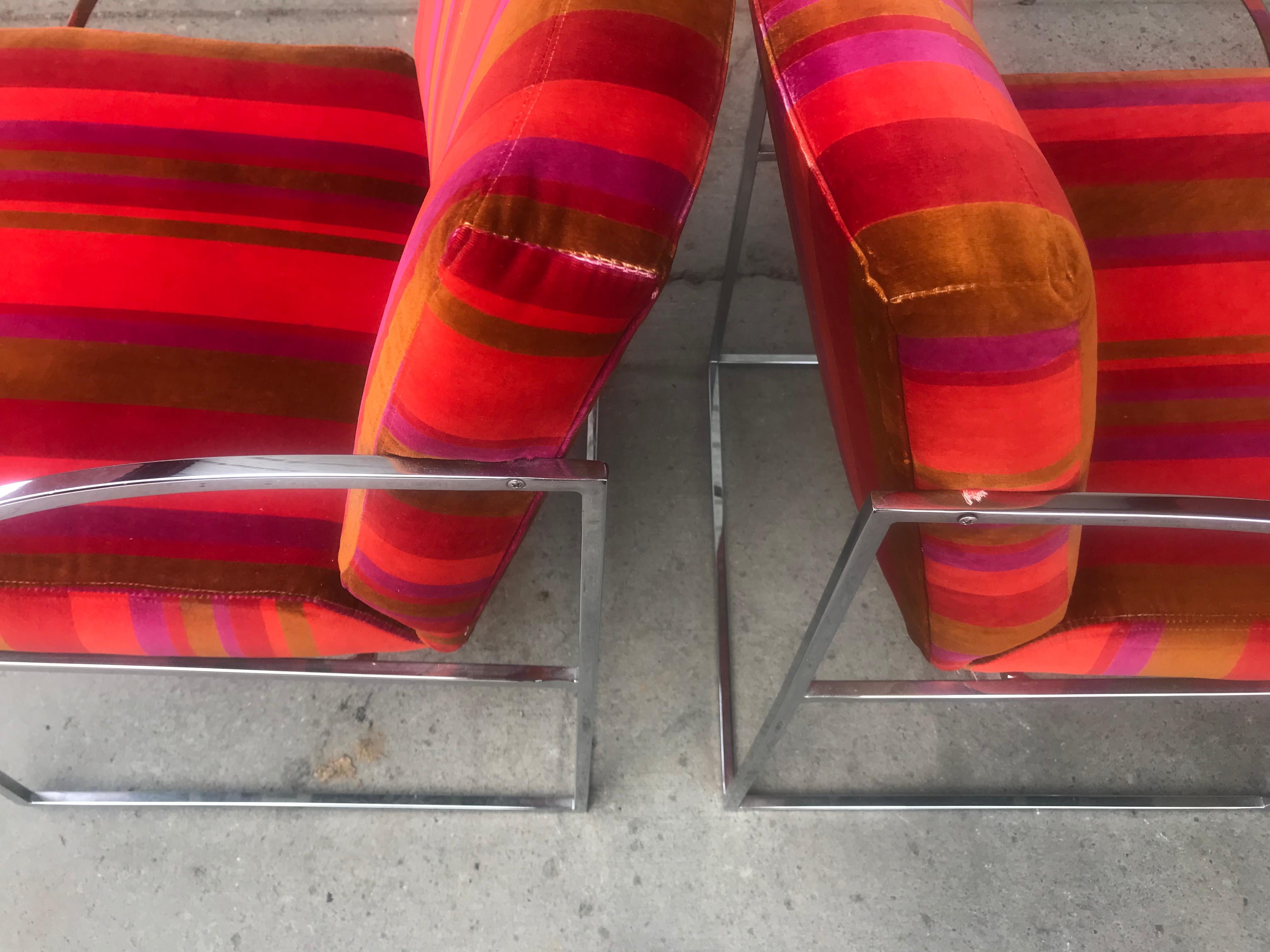 Stunning Pair of Chrome Milo Baughman Lounge Chairs, Alexander Girard Fabric In Good Condition In Buffalo, NY