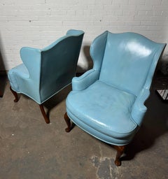 Stunning pair diminutive Blue Leather Wing Back Lounge Chairs by KITTINGER