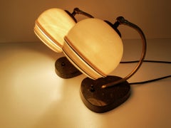 Stunning Pair French Art Deco Table Lamp, Marble Pink Opaline Glass Shade, 1930s