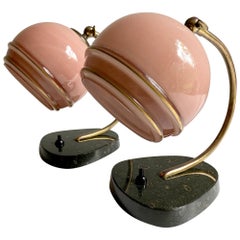 Stunning Pair French Art Deco Table Lamp, Marble Pink Opaline Glass Shade, 1930s