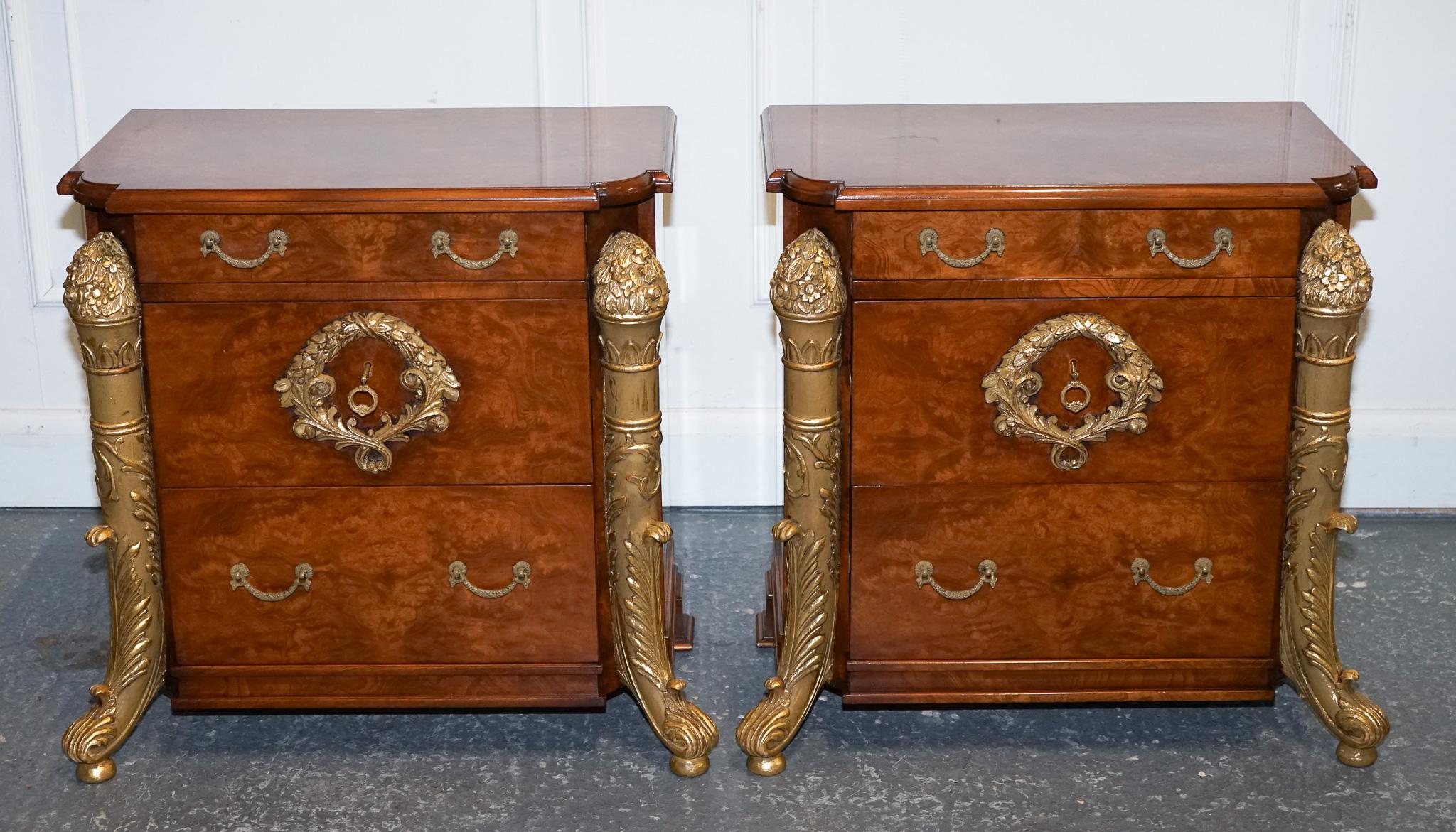 
Antiques of London



We are delighted to offer for sale this Stunning Pair Of French Empire-style bedside Nightstands.

They exude opulence and sophistication. Crafted from beautiful burr walnut, each nightstand showcases the highly figured wood