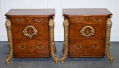 STUNNING PAIR FRENCH EMPIRE STYLE GOLD DETAILED BURR WALNUT BEDSIDES NiGHTSTANDS