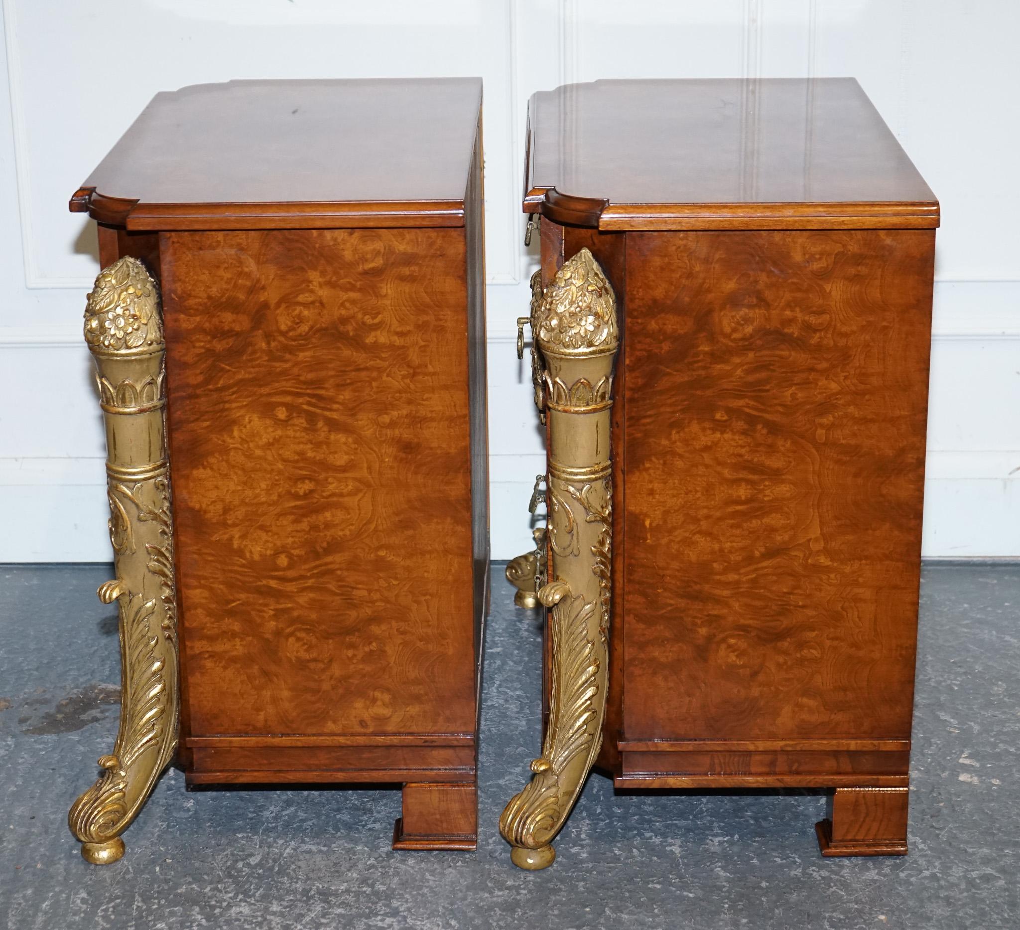 Empire STUNNING PAIR FRENCH EMPIRE STYLE GOLD DETAILED BURR WALNUT BEDSIDES NiGHTSTANDS For Sale