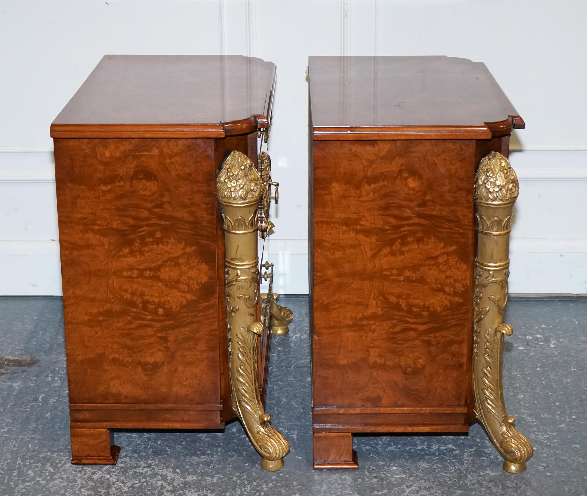 French STUNNING PAIR FRENCH EMPIRE STYLE GOLD DETAILED BURR WALNUT BEDSIDES NiGHTSTANDS For Sale