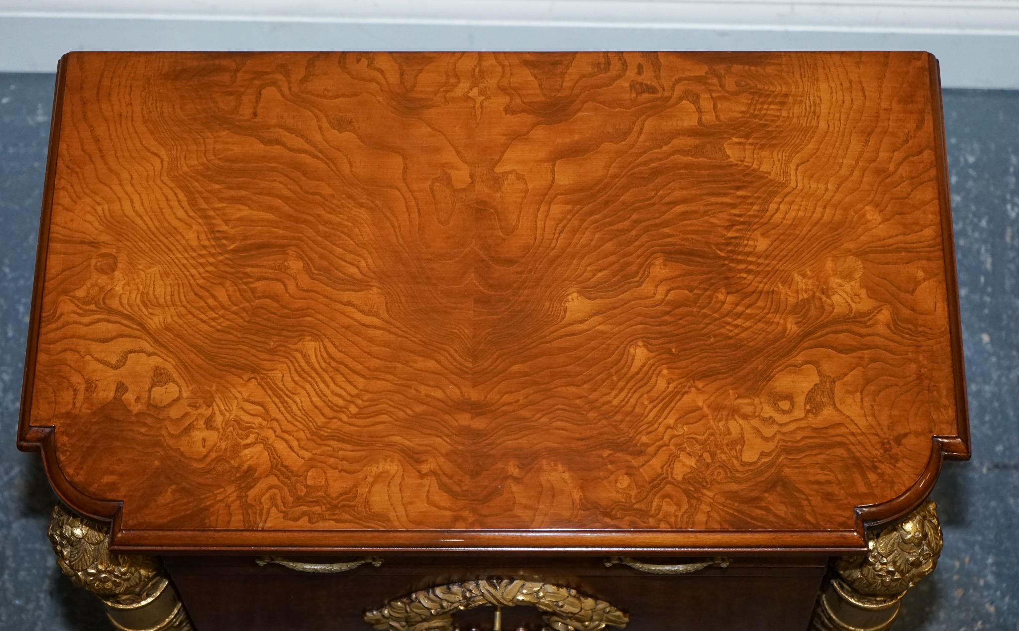 Hand-Crafted STUNNING PAIR FRENCH EMPIRE STYLE GOLD DETAILED BURR WALNUT BEDSIDES NiGHTSTANDS For Sale