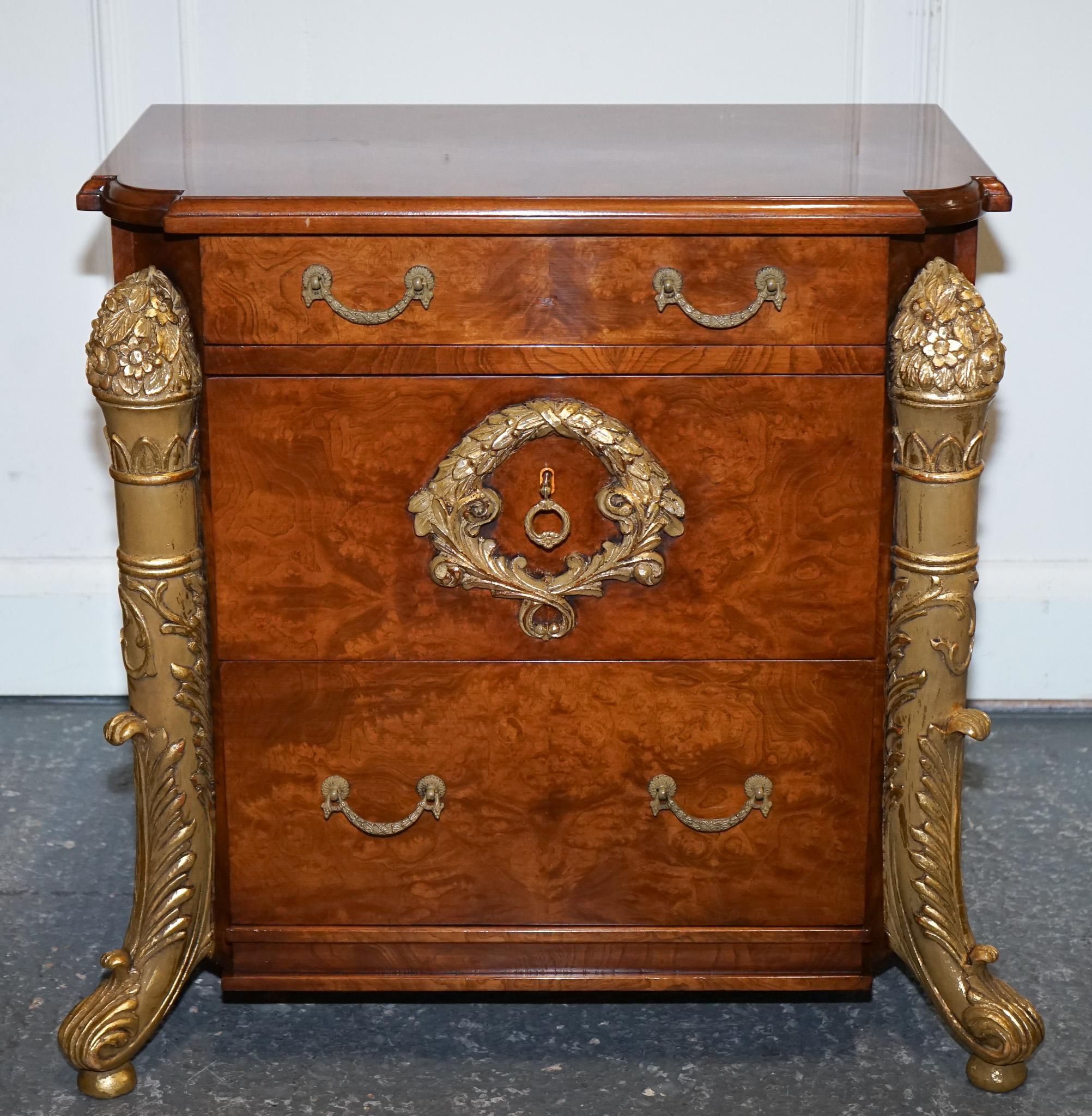 Walnut STUNNING PAIR FRENCH EMPIRE STYLE GOLD DETAILED BURR WALNUT BEDSIDES NiGHTSTANDS For Sale