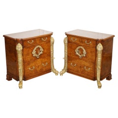 STUNNING PAIR FRENCH EMPIRE STYLE GOLD DETAILED BURR WALNUT BEDSIDES NiGHTSTANDS