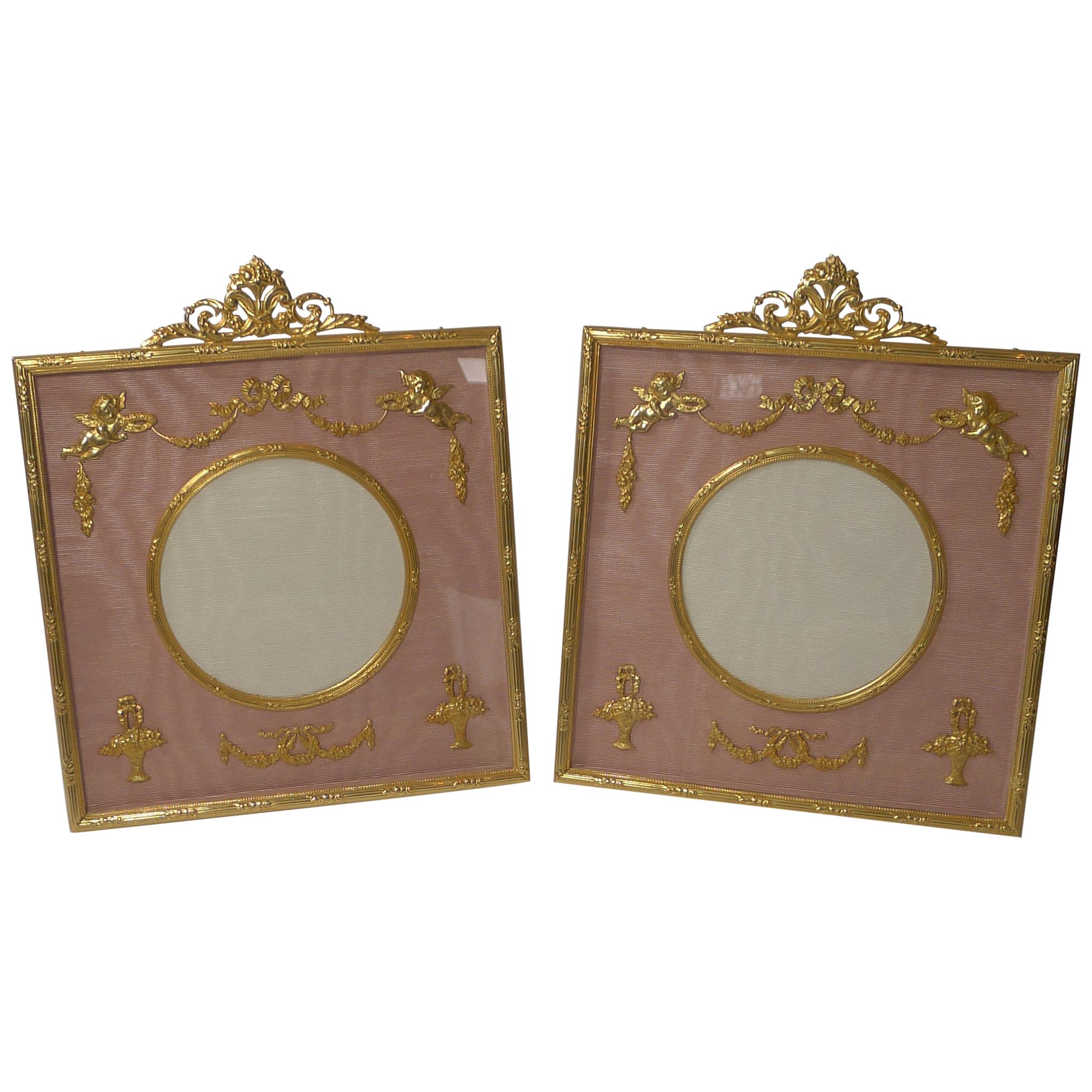 Stunning Pair of French Gilded Bronze Picture Frames, Cherubs