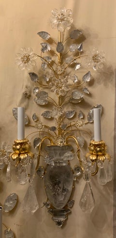 Stunning Pair of Large Gilt Metal Rock Crystal Flower Urn Two-Arm Baguès Sconces