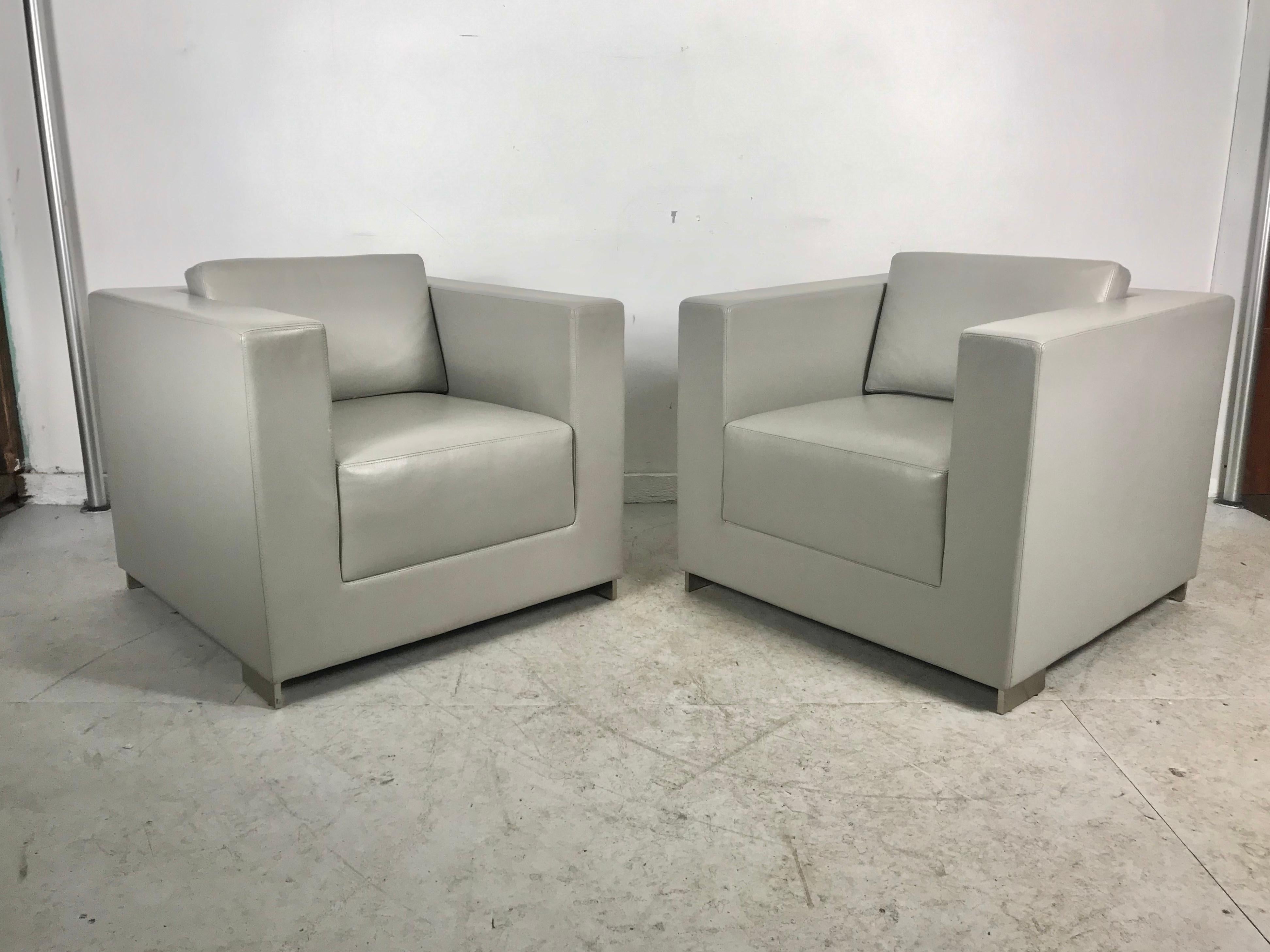 Contemporary Stunning Pair of Leather Cube Lounge Chairs by Fabien Baron for Bernhardt Design