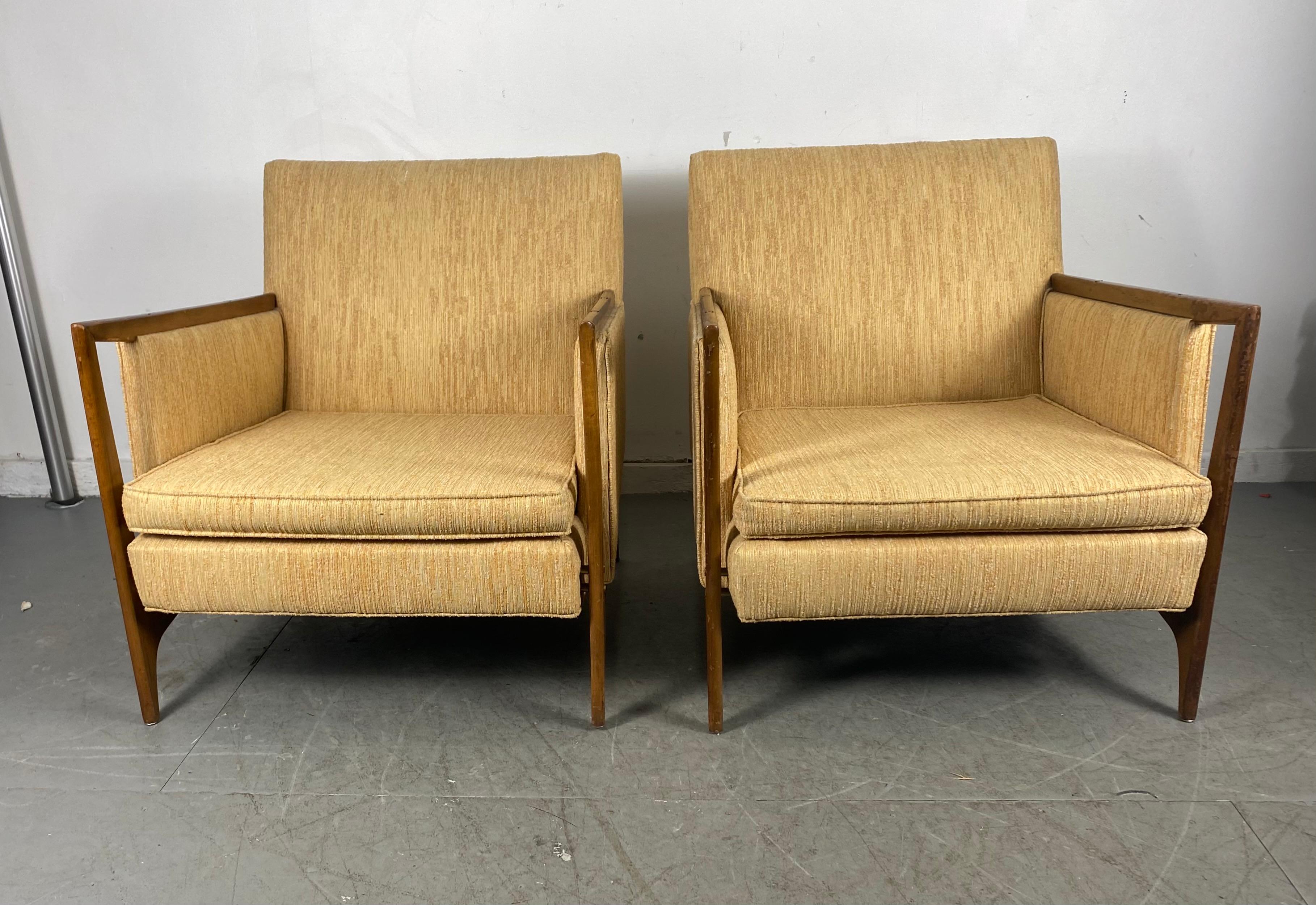 Stunning pair of Mid-Century Modernist lounge chairs attributed to Dux of Sweden. Superior quality and construction, extremely comfortable, amazing design and proportions. Retain original fabric in good condition. Wood frames in need of restoration,