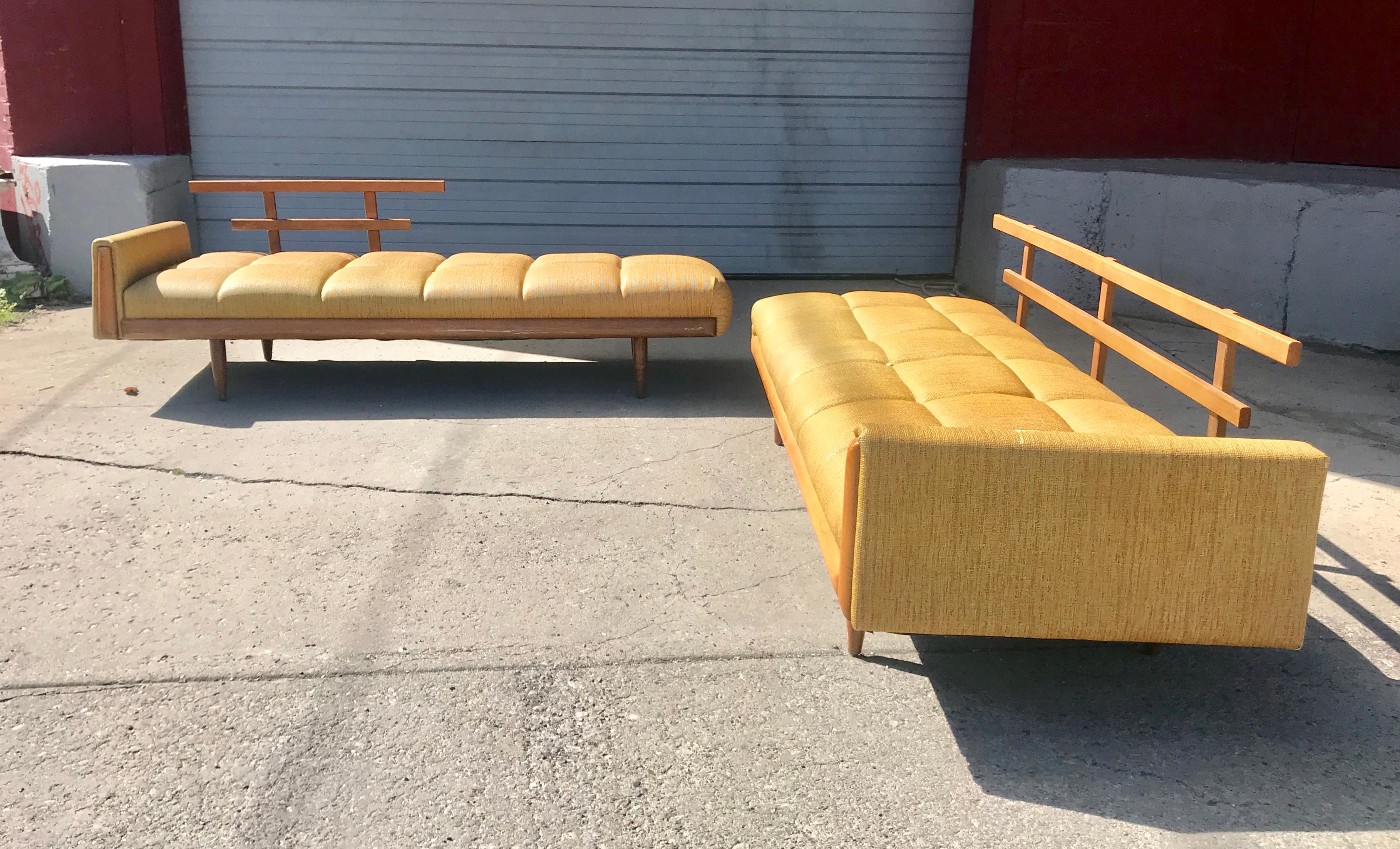 modernist button tufted daybed attributed to Adrian Pearsall, nice quality, retains original mustard color vinyl fabric in fine useable condition but would be amazing reupholstered, warm walnut wood finish in great original condition, wonderful
