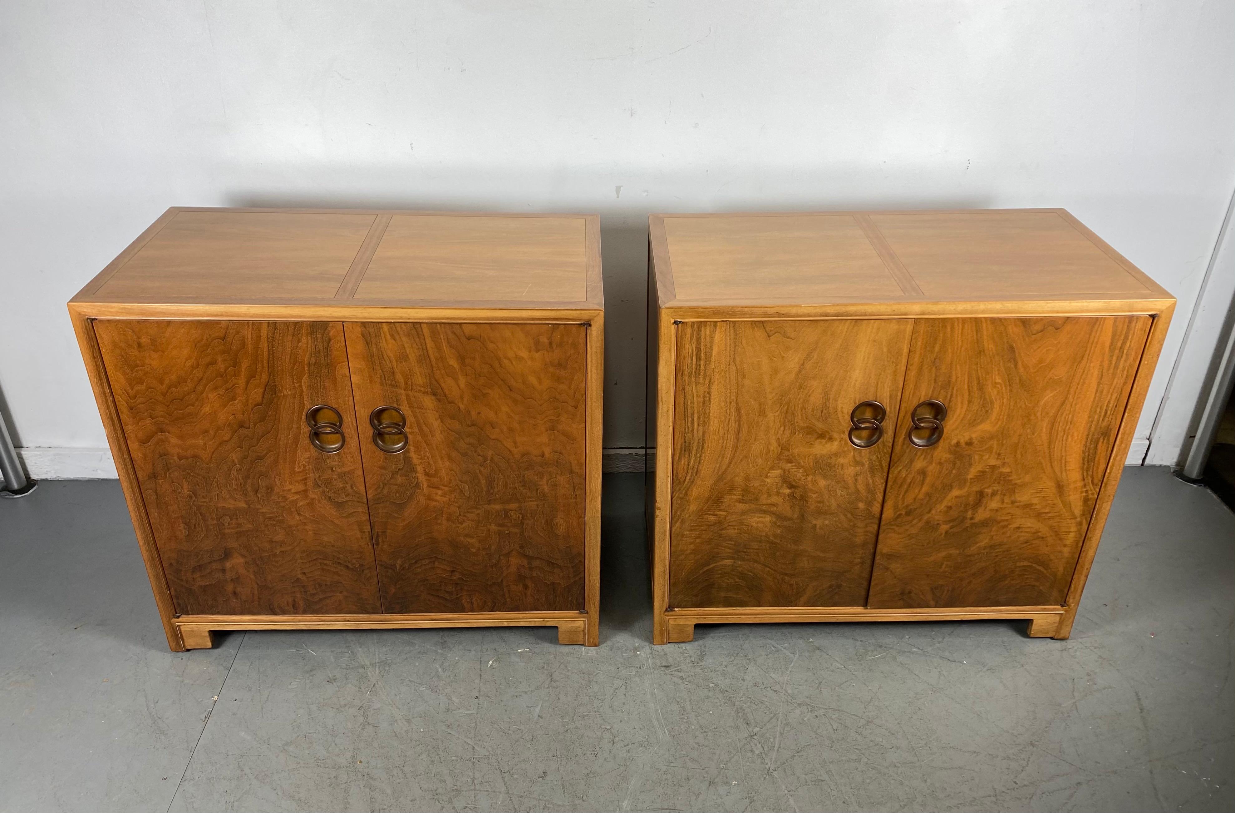 Stunning pair of modernist chests by Michael Taylor for Baker, Far East Collection, nice original condition, and finish, minor lite scratches, wonderful wood graining, hand delivery avail to New York City or anywhere en route from Buffalo NY.