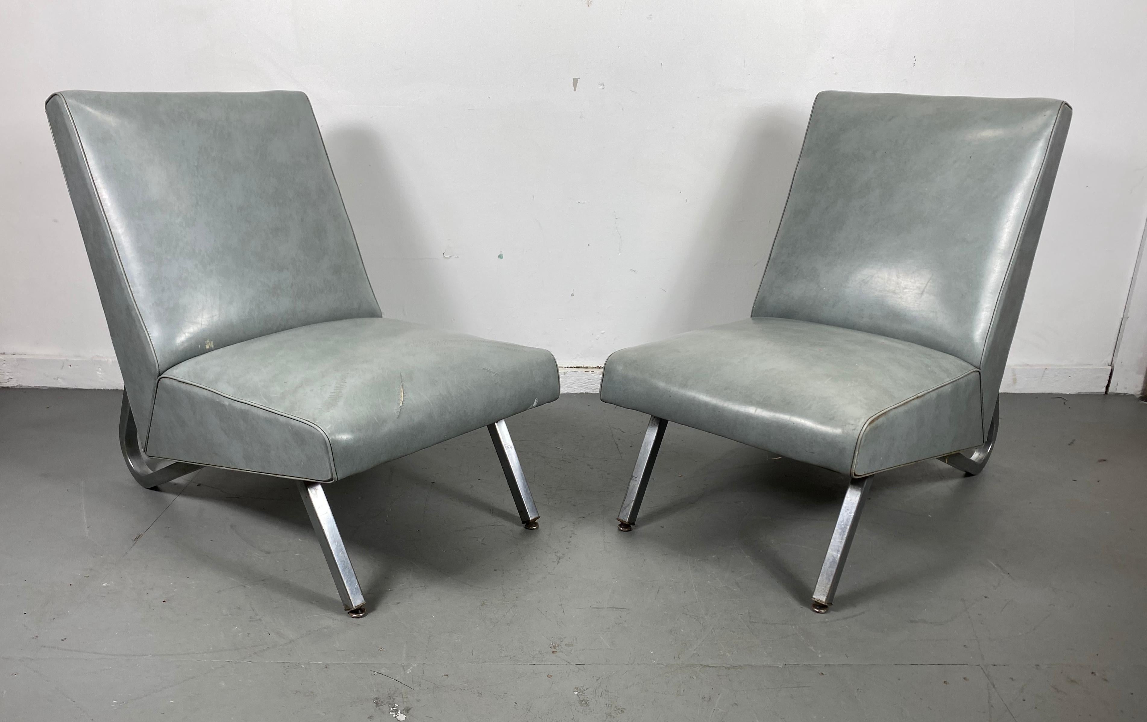 Art Deco Stunning Pair of Modernist Deco Slipper Lounge Chairs Royal Metal Mfg. Co. 1940s