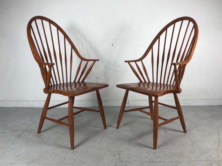 Hardwood Pair of Modernist Tall Spindle Back Windsor Chairs For Sale