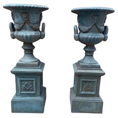 Stunning Pair of 19th century Cast Iron Verdigris Garden Urns 