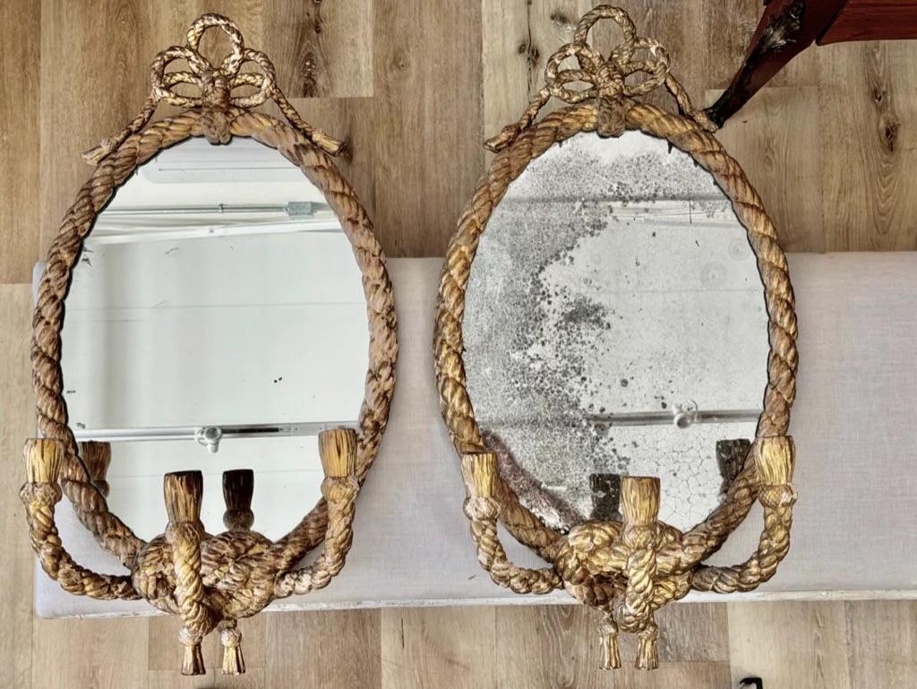 A pair of 19th Century English carved and gilded Rope twist mirrors by C. Nosoti, having early, likely original, mirror plates and original label to the reverse.

