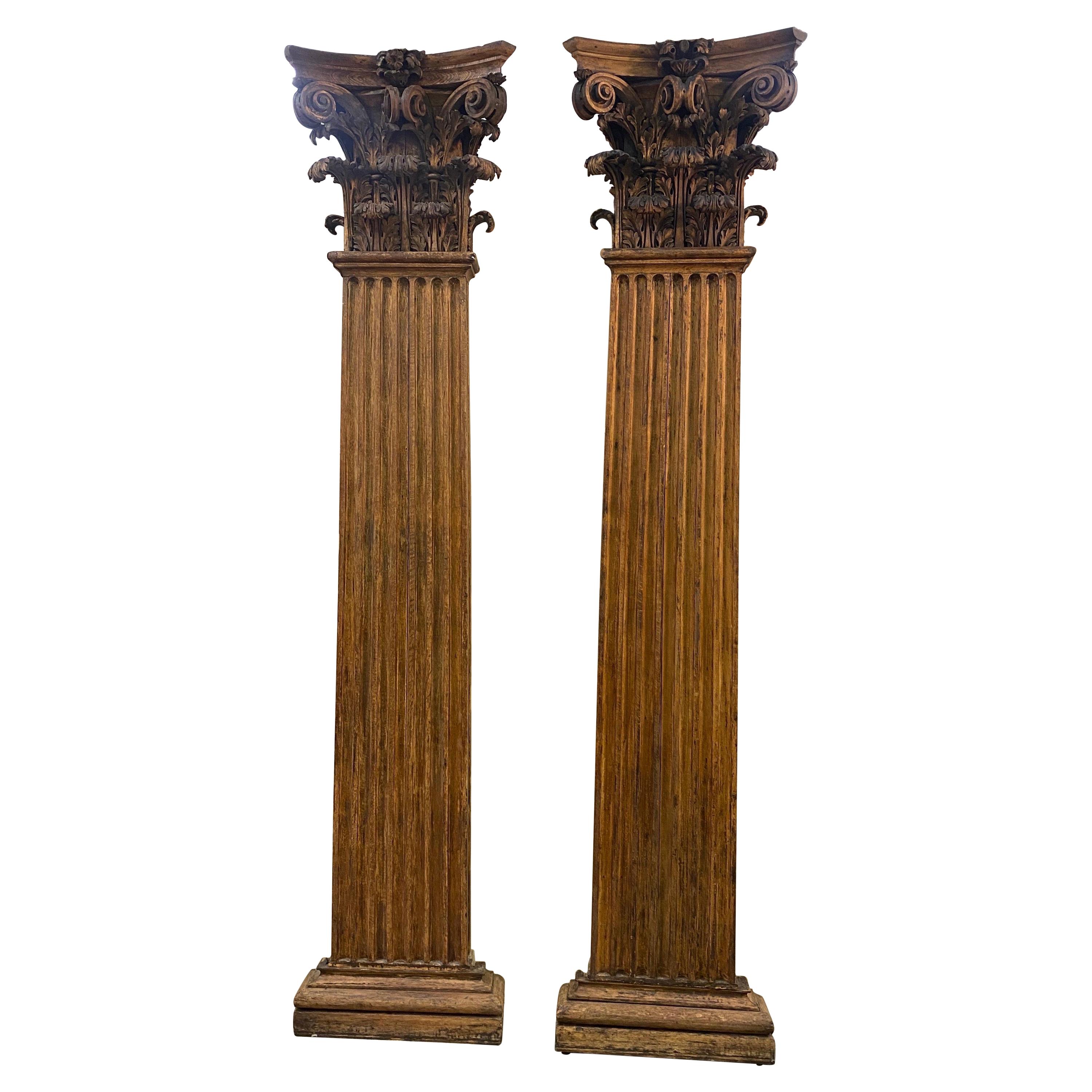 Stunning Pair of 19th Century Hand Carved Neoclassical Oak Pilasters