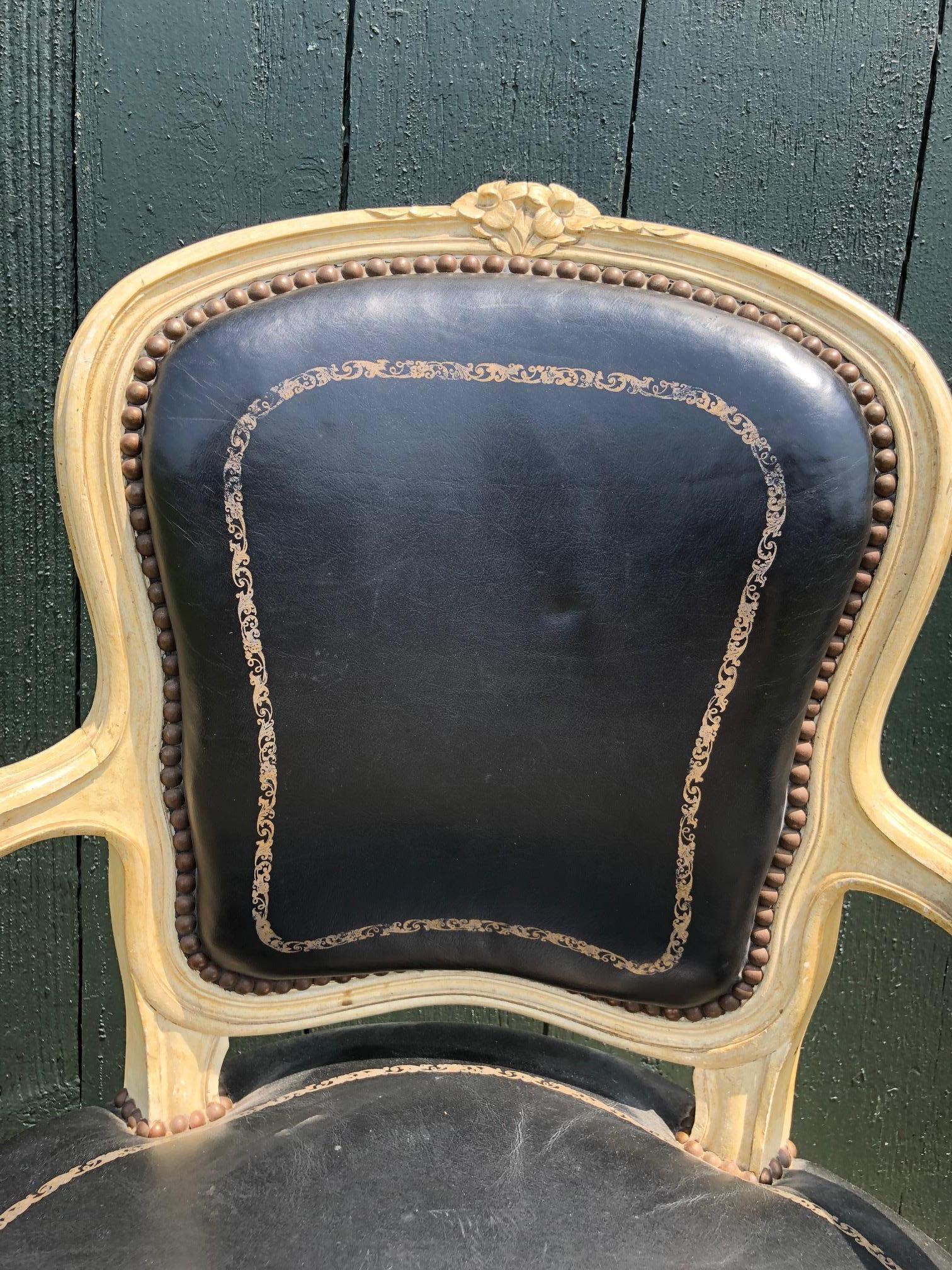 Stunning Pair of 19th Century Leather Embossed French Louis XVI Fauteuils In Excellent Condition In Hopewell, NJ