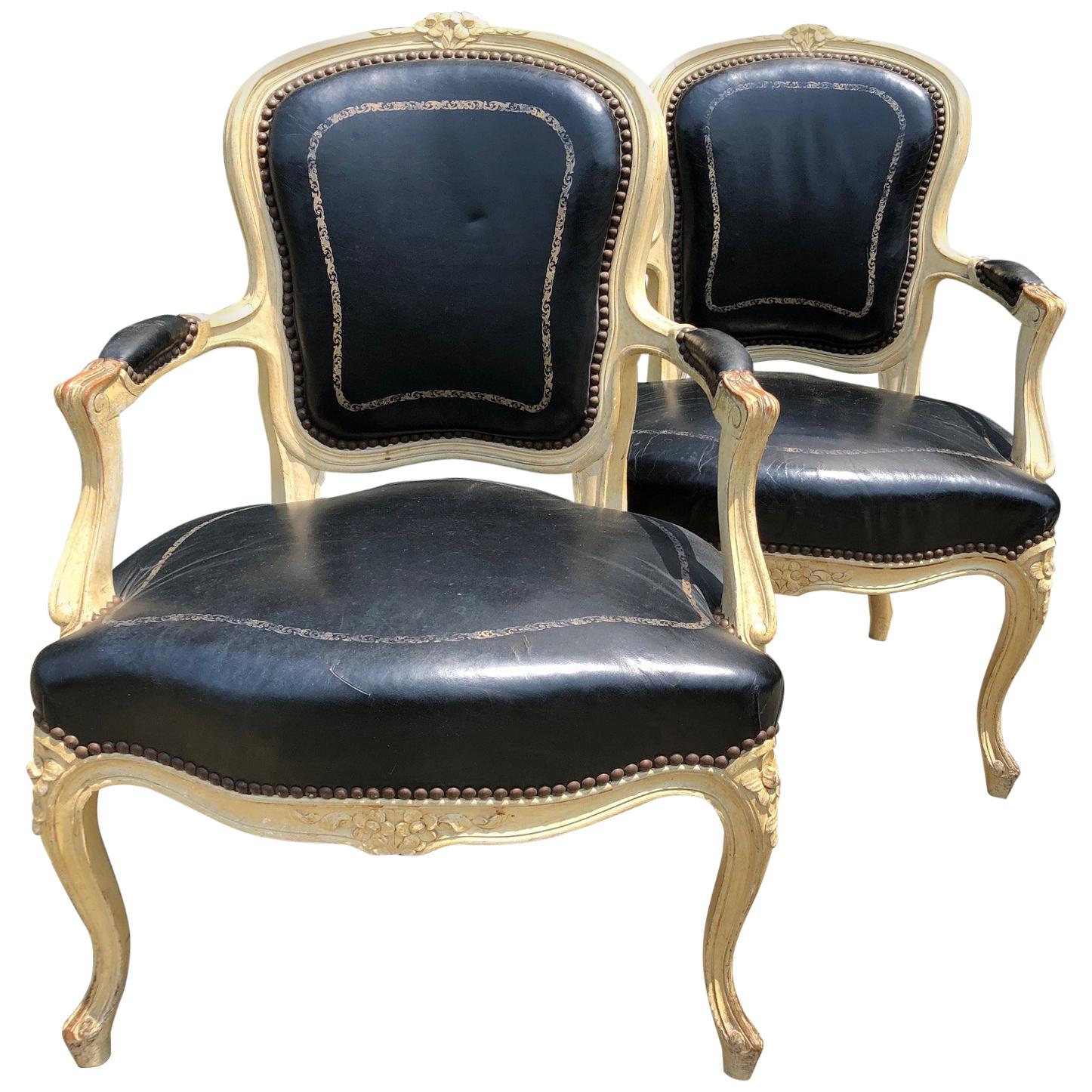 Stunning Pair of 19th Century Leather Embossed French Louis XVI Fauteuils